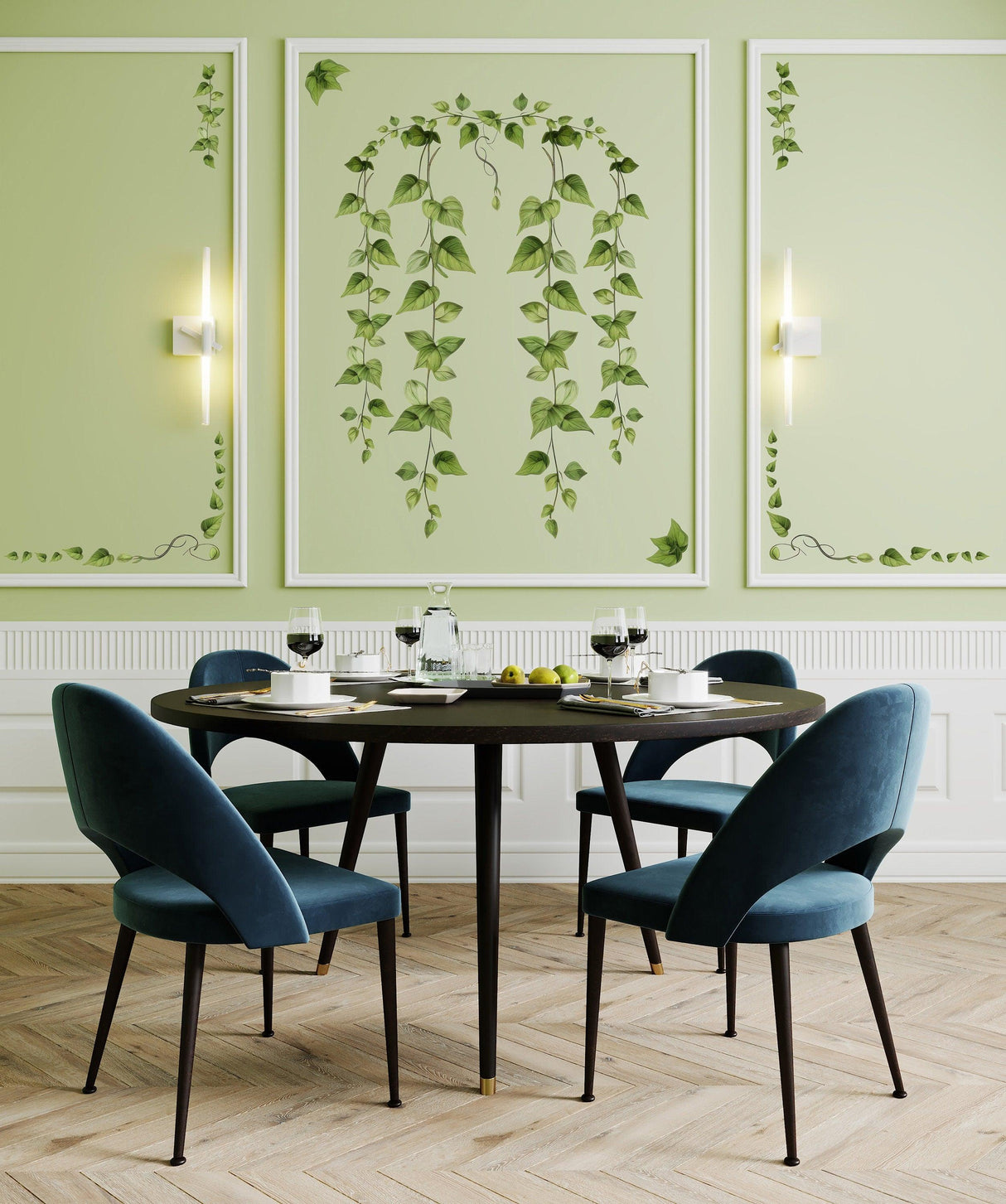 Stylish dining area with green ivy leaves wall stickers and modern blue chairs, creating a fresh and inviting atmosphere.