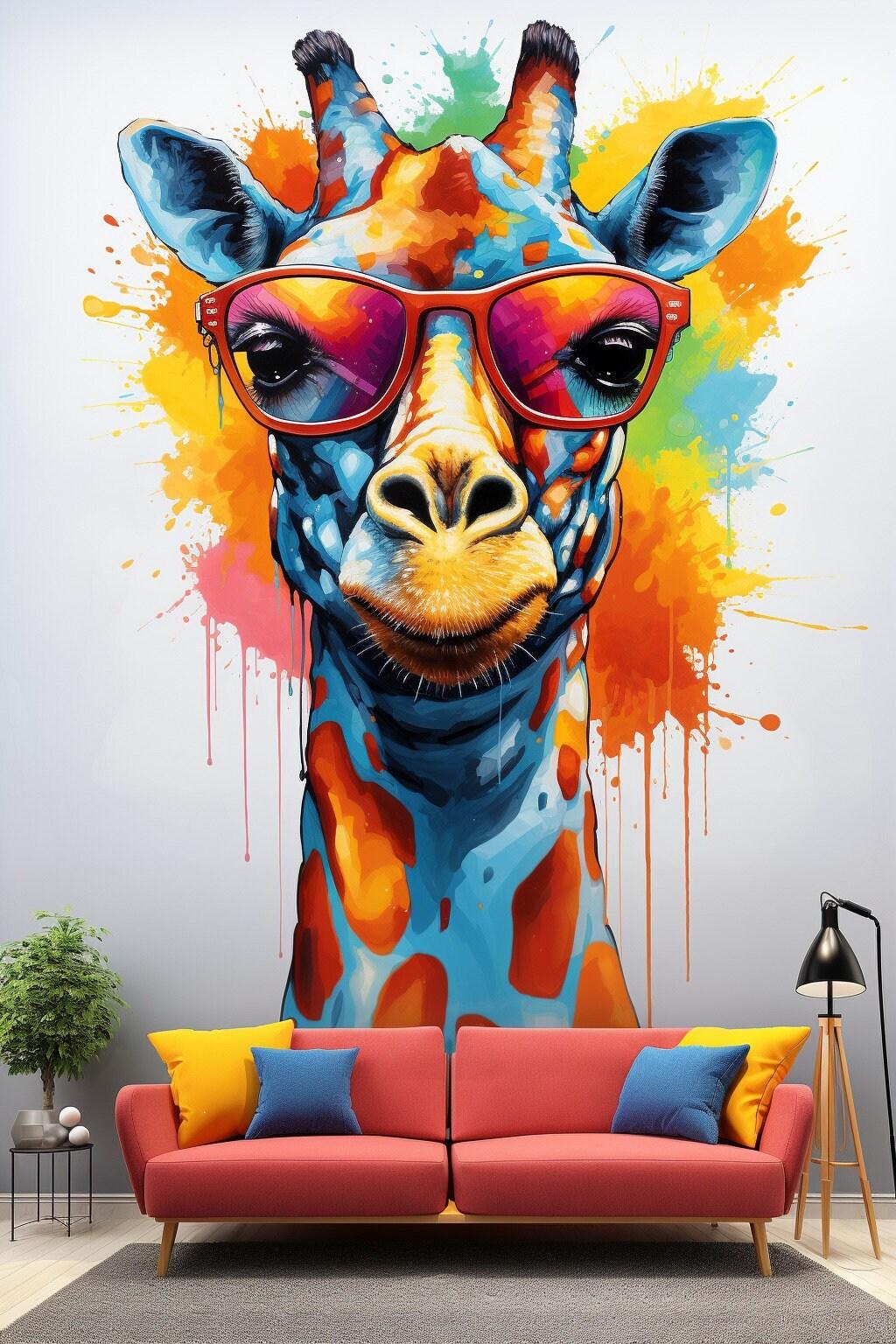 Colorful whimsical giraffe wall decal with glasses, perfect for toddler room decor and vibrant nursery design.