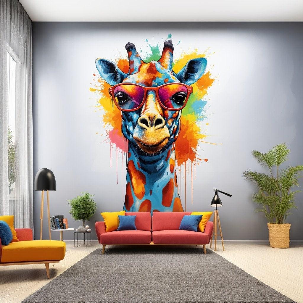 Colorful whimsical giraffe wall decal in glasses, brightening a modern toddler room with playful watercolor design.