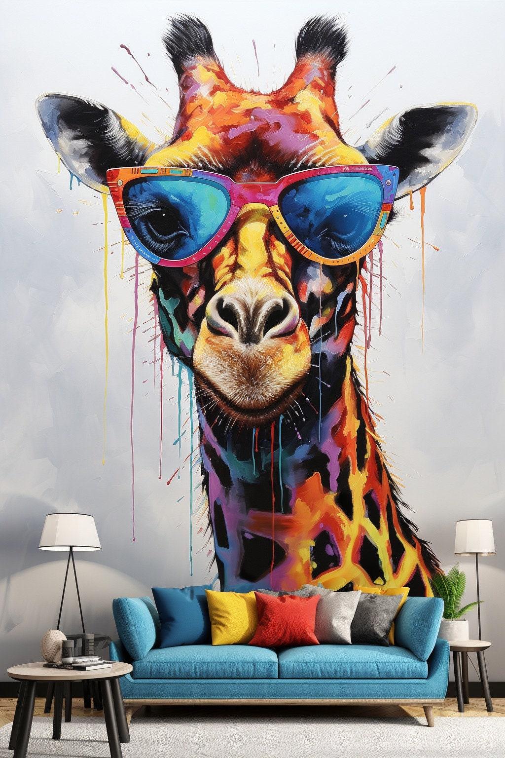 Vibrant watercolor giraffe wall decal with glasses in a stylish toddler's room decor.