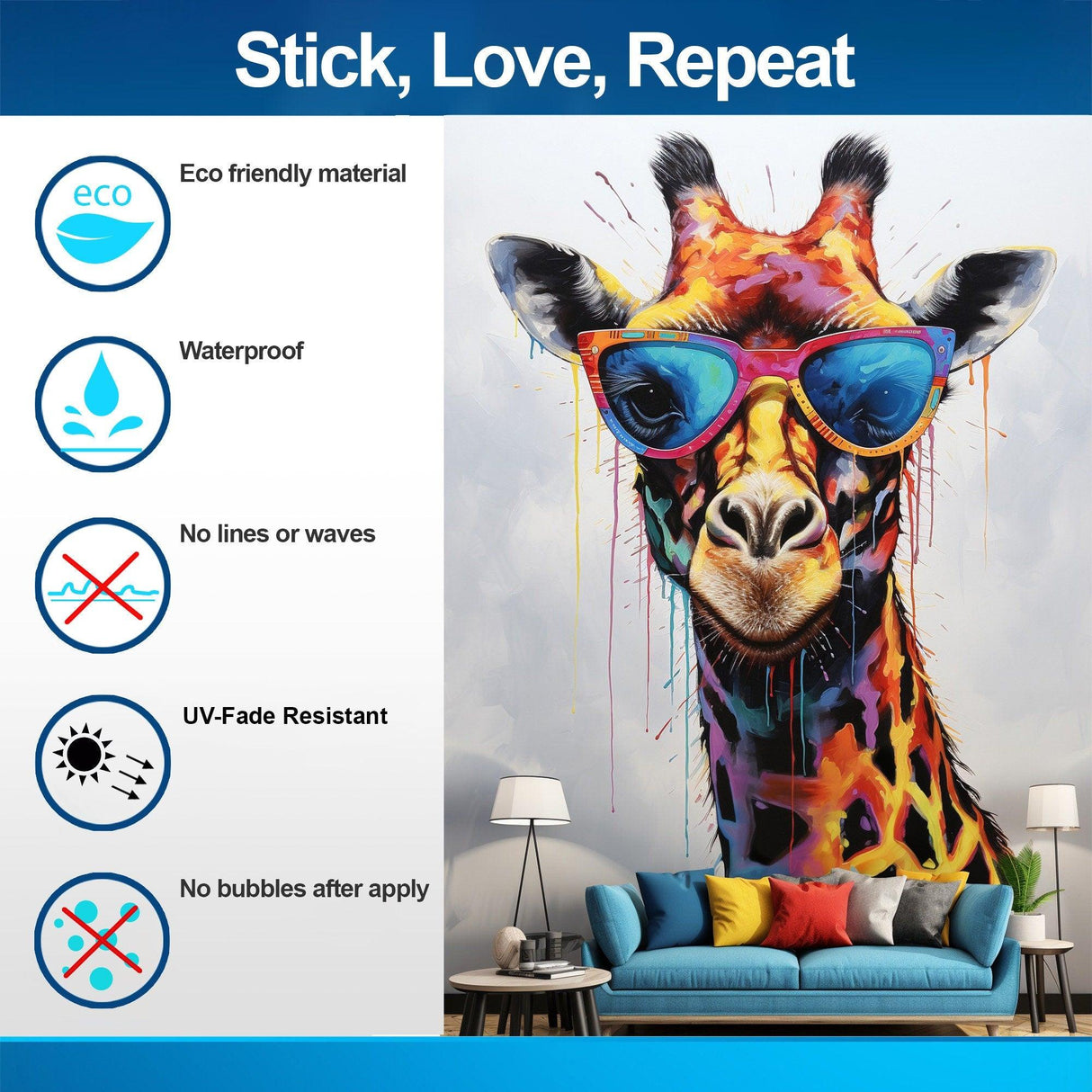 Vibrant giraffe wall decal with glasses, features eco-friendly, waterproof, and UV-resistant qualities for toddler decor.
