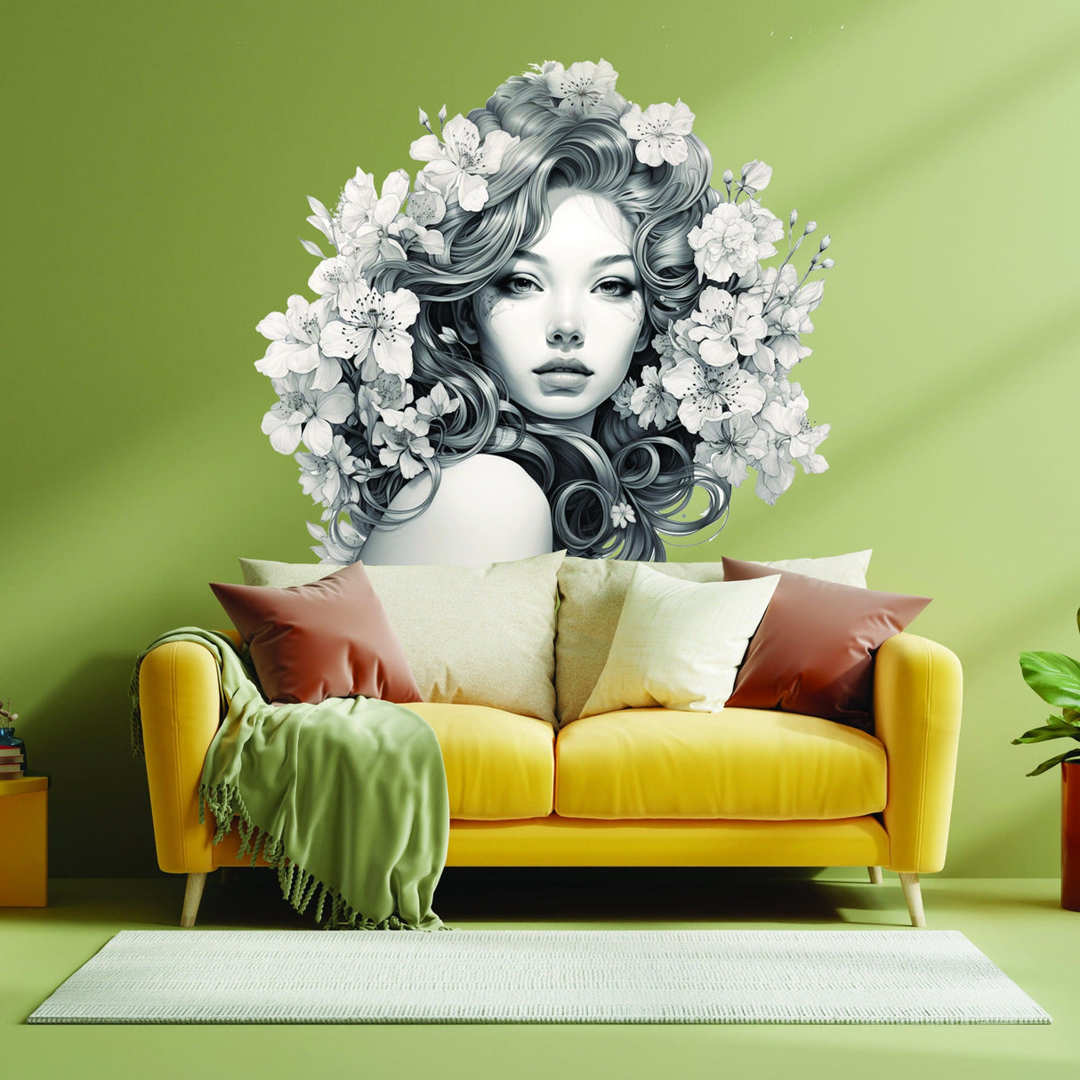 Elegant woman with floral mind decal on green wall above a yellow sofa, showcasing modern vinyl wall art.