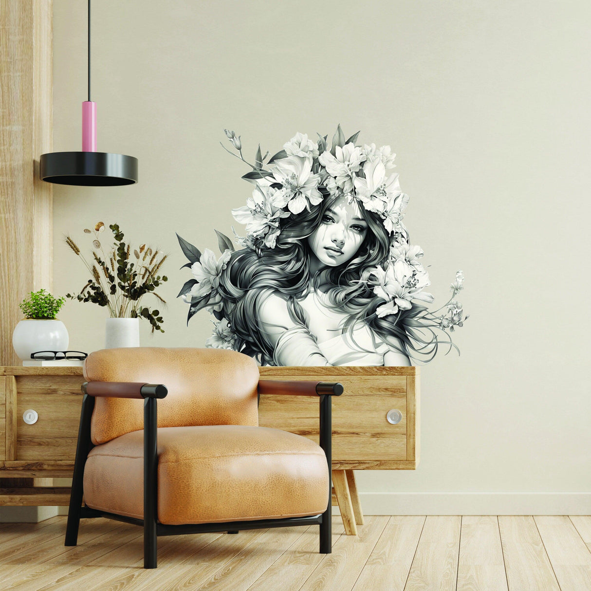 Stunning woman wall decal with floral hair, enhancing modern interiors with elegance and beauty.