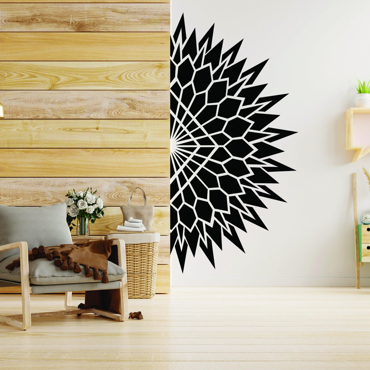 Half geometric mandala wall decal in modern living room, adding stylish ambiance and tranquility to the space.