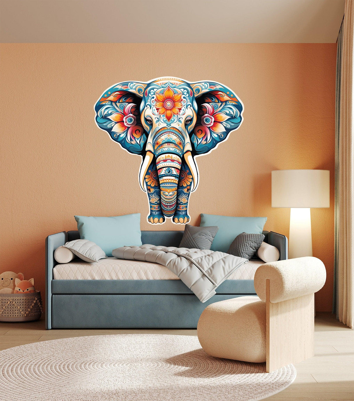 Colorful Floral Elephant Wall Decal in a stylish kids' room, adding vibrant decor and tranquility.
