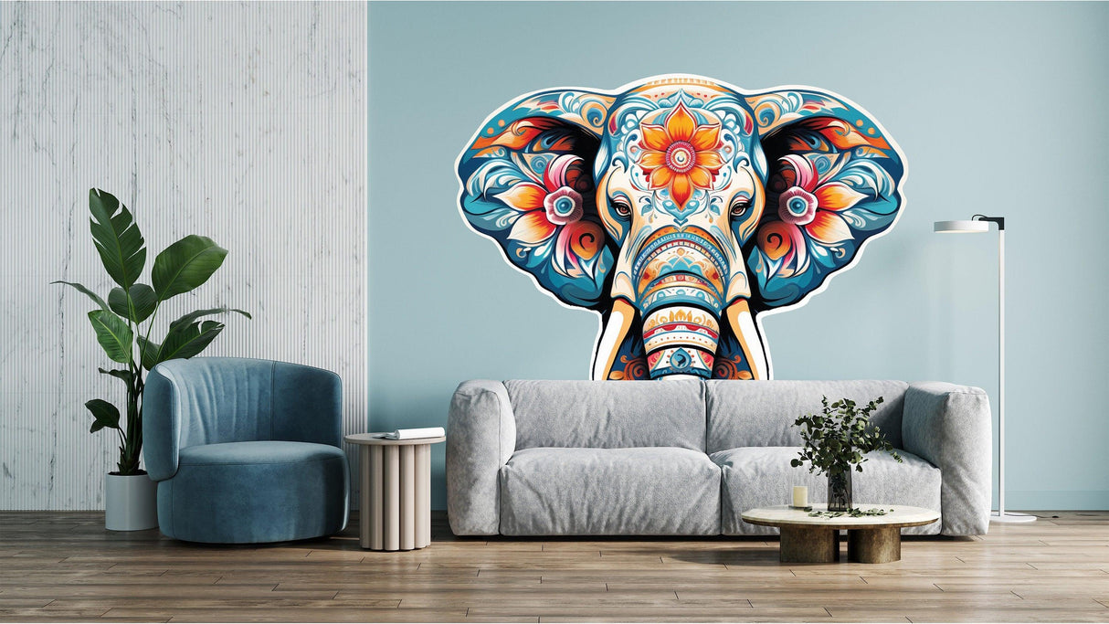 Vibrant floral elephant wall decal in a modern living room, enhancing nursery and kids' decor with colorful patterns.