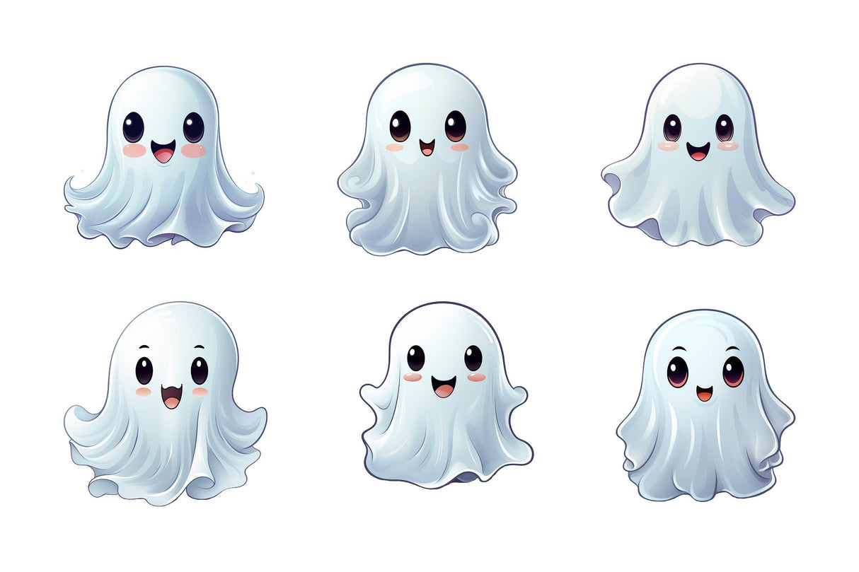 Six cute cartoon ghost characters with different expressions, perfect for Halloween decorations.