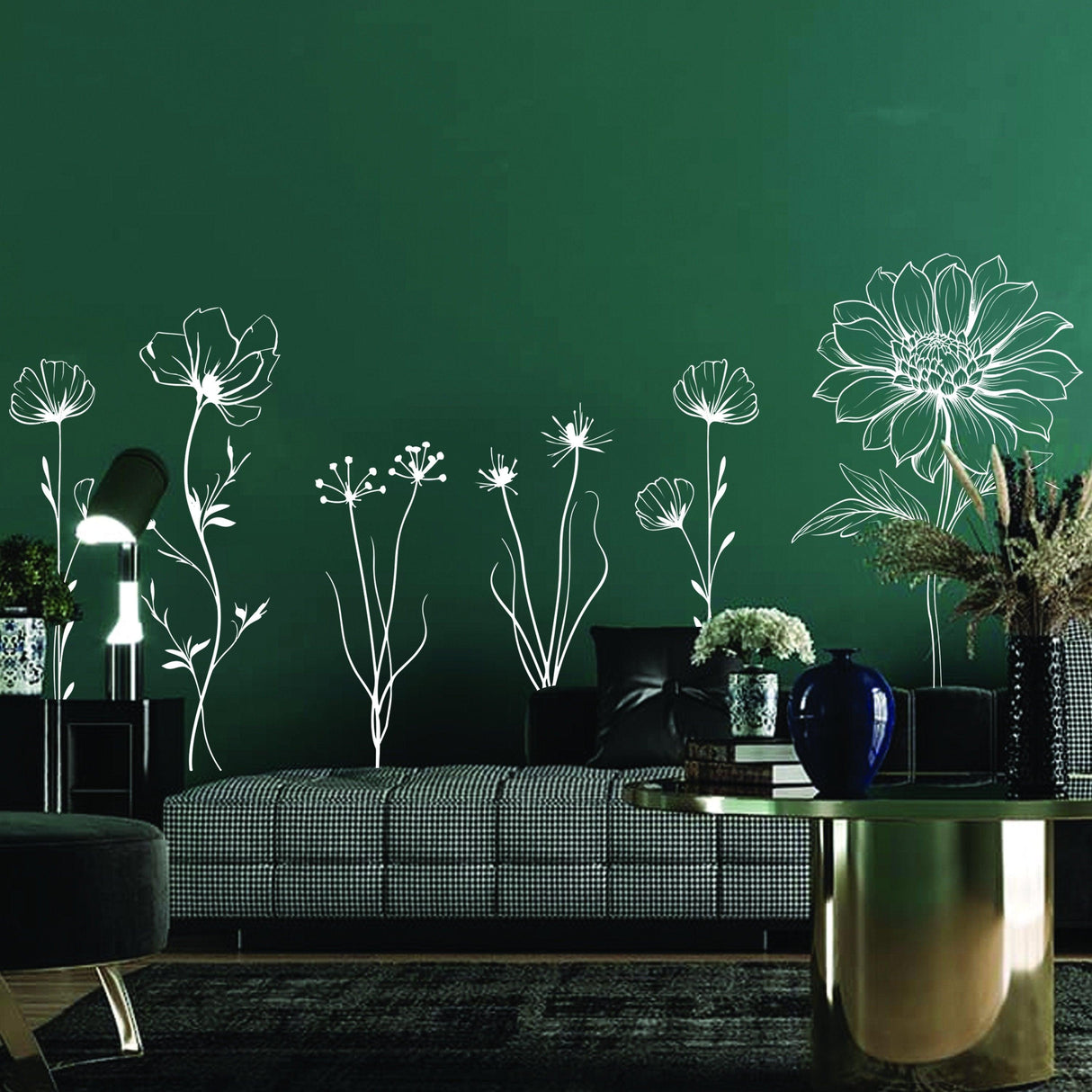 Elegant hand-sketched British wildflower wall stickers on a green wall, enhancing a cozy living space.
