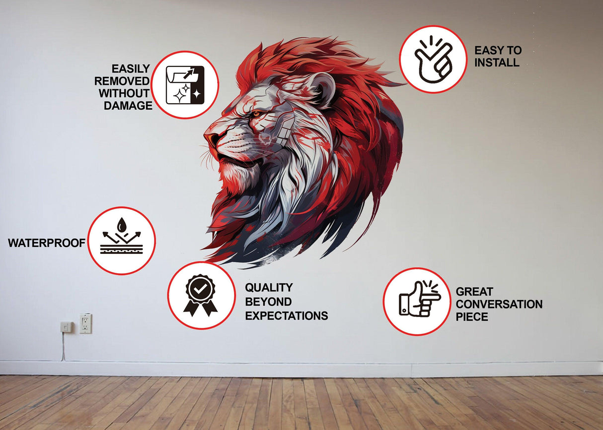 Cybernetic lion head wall decal with red mane, showcasing features like easy installation and waterproof design.