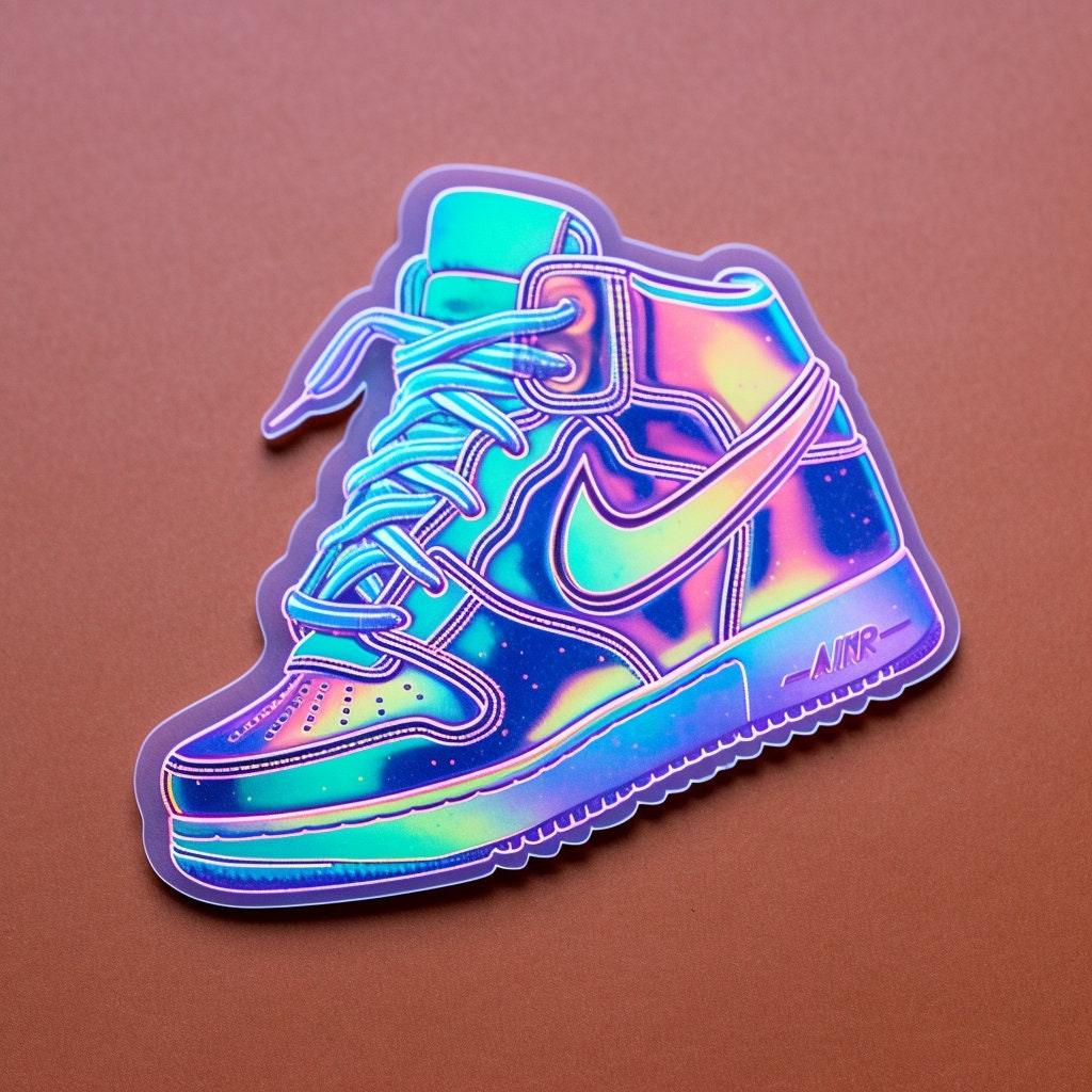 Holographic decal of a stylish sneaker, perfect for personalizing items like water bottles and laptops.