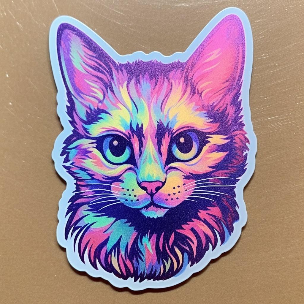 Colorful holographic cat sticker with vibrant rainbow fur design, perfect for personalization.