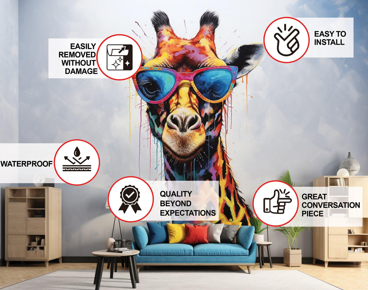 Vibrant giraffe wall decal in sunglasses, showcasing easy installation and durability features for toddler room decor.