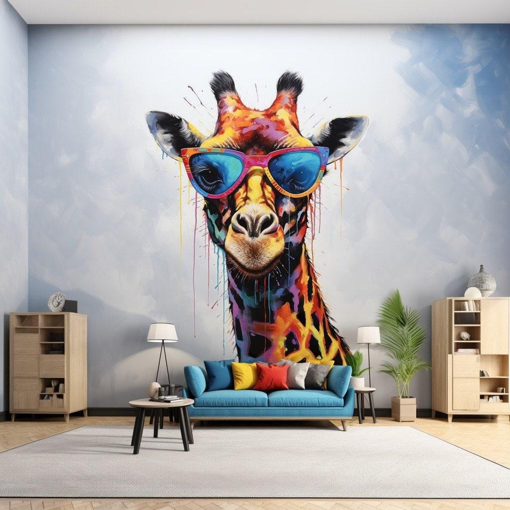 Vibrant watercolor giraffe wall decal with glasses in a stylish toddler's room decor.