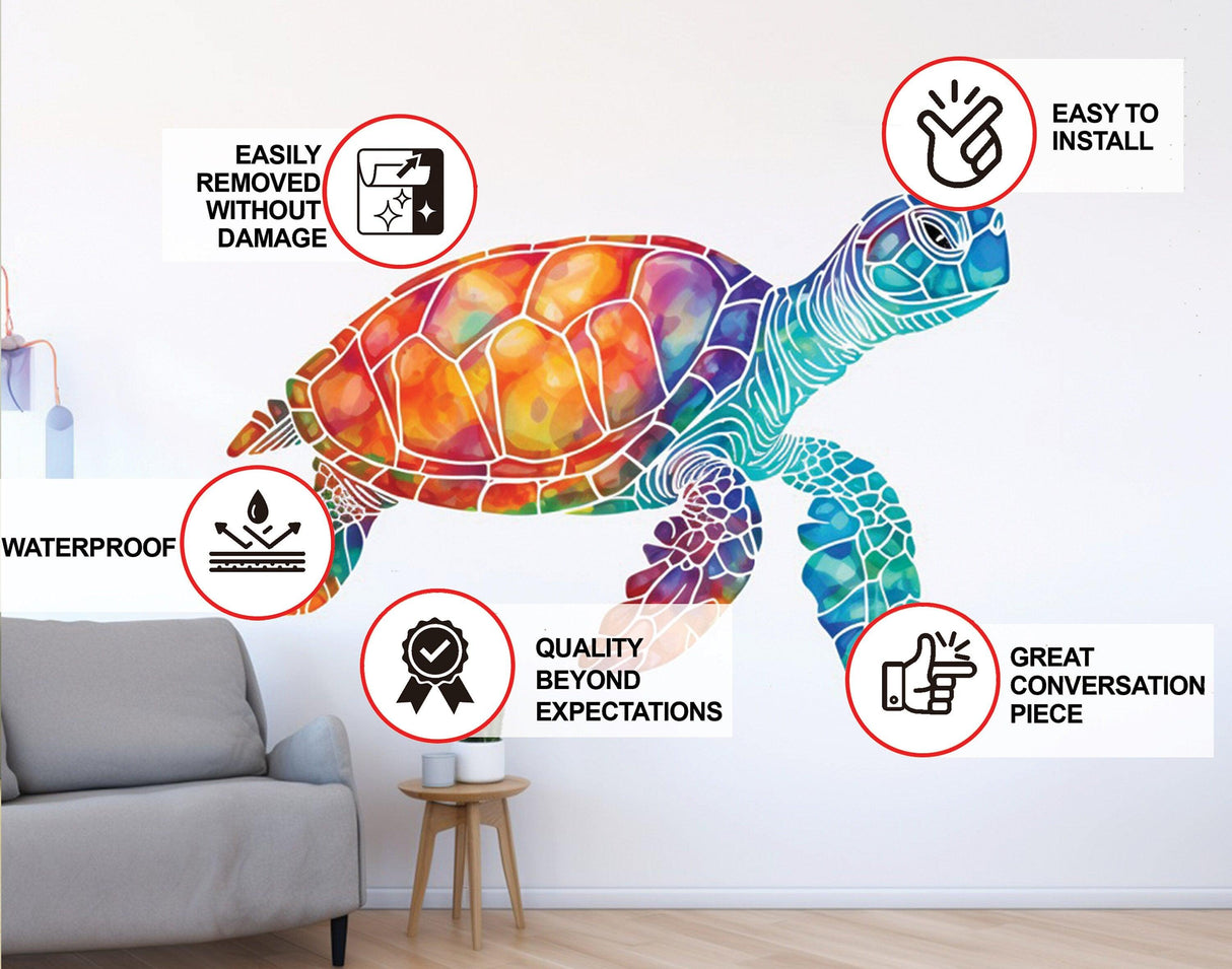 Vibrant rainbow sea turtle wall decal showcasing features like easy installation and waterproof design.