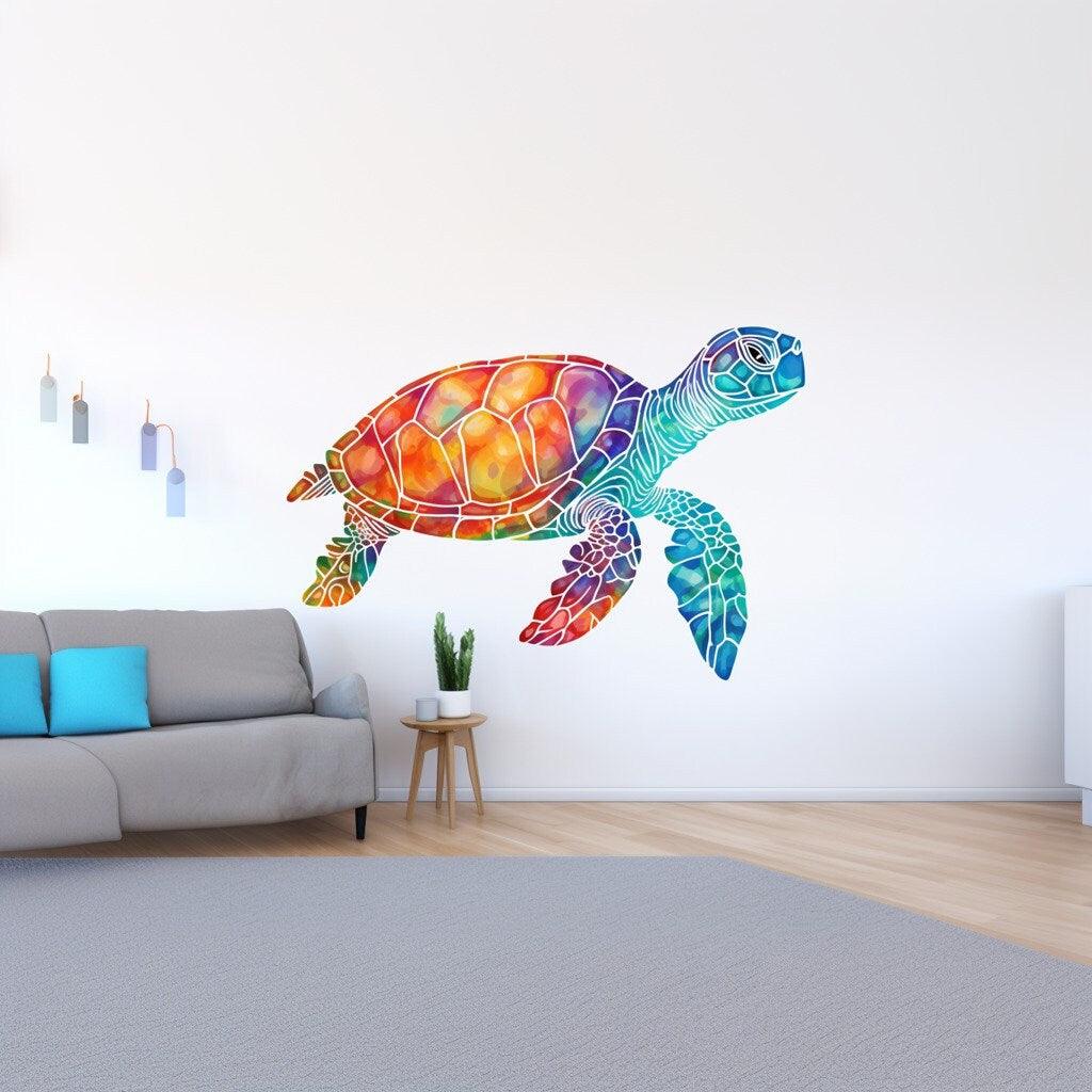 Vibrant rainbow sea turtle wall decal in a modern living room, adding a touch of ocean life decor.