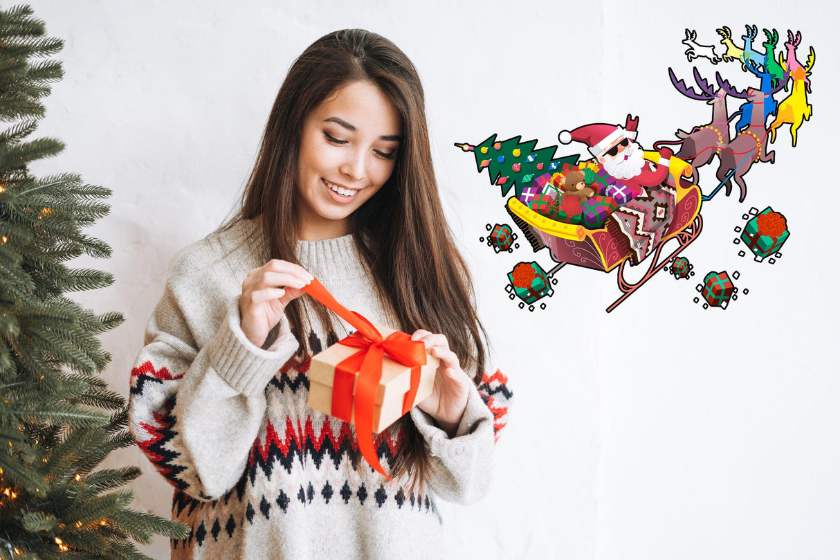 Woman in sweater unwraps gift with colorful Santa in sleigh wall decal in festive holiday setting.
