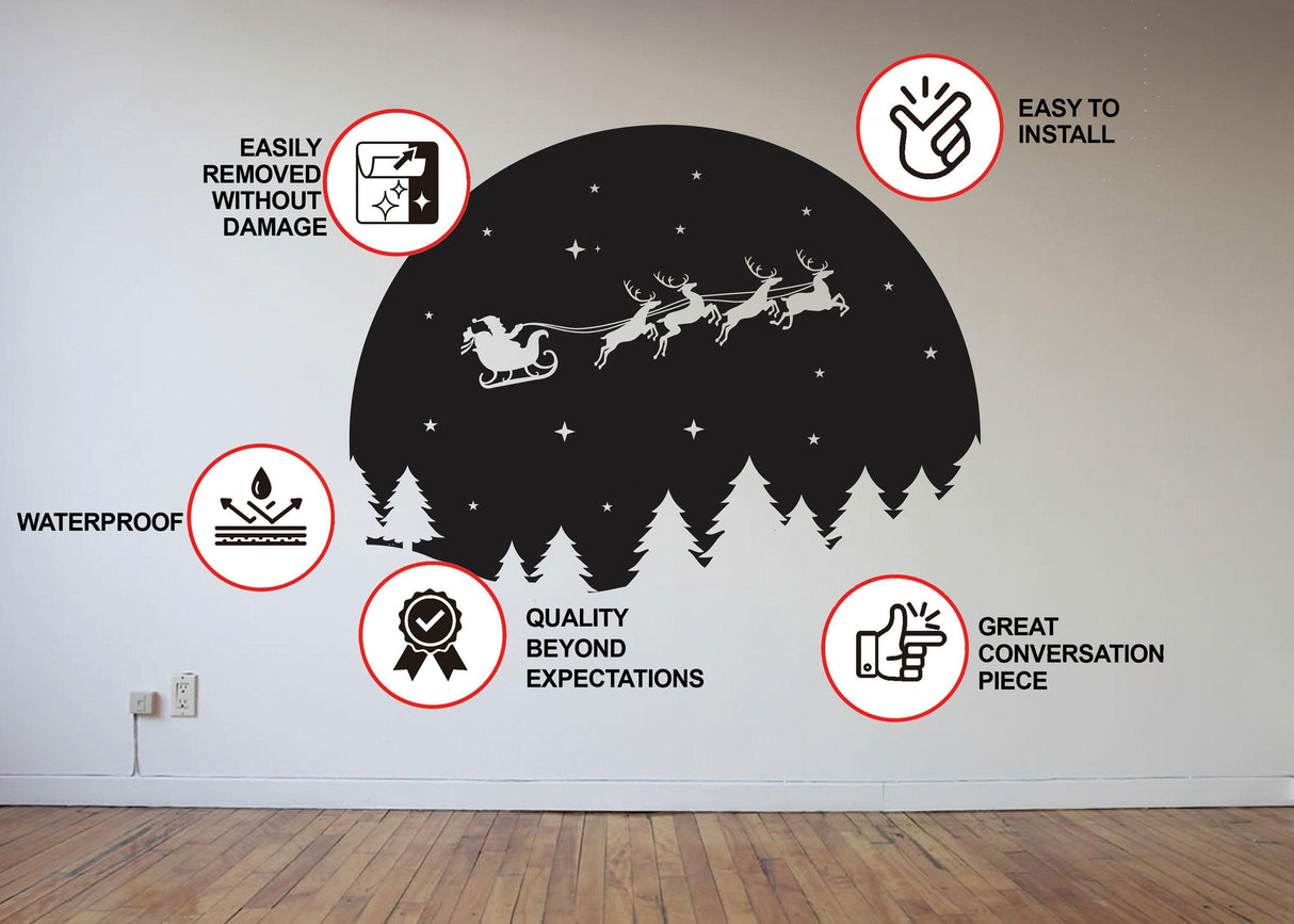 Starry Sky Santa and Sleigh Wall Decal showcasing waterproof features and easy installation benefits.