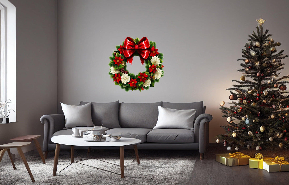 Floral green wreath wall decal with red bow in a festive living room setting for Christmas decor.