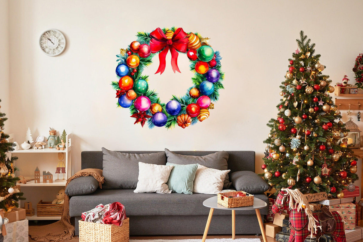 Watercolor Christmas wreath wall decal with colorful ornaments and red bow, festive home decor