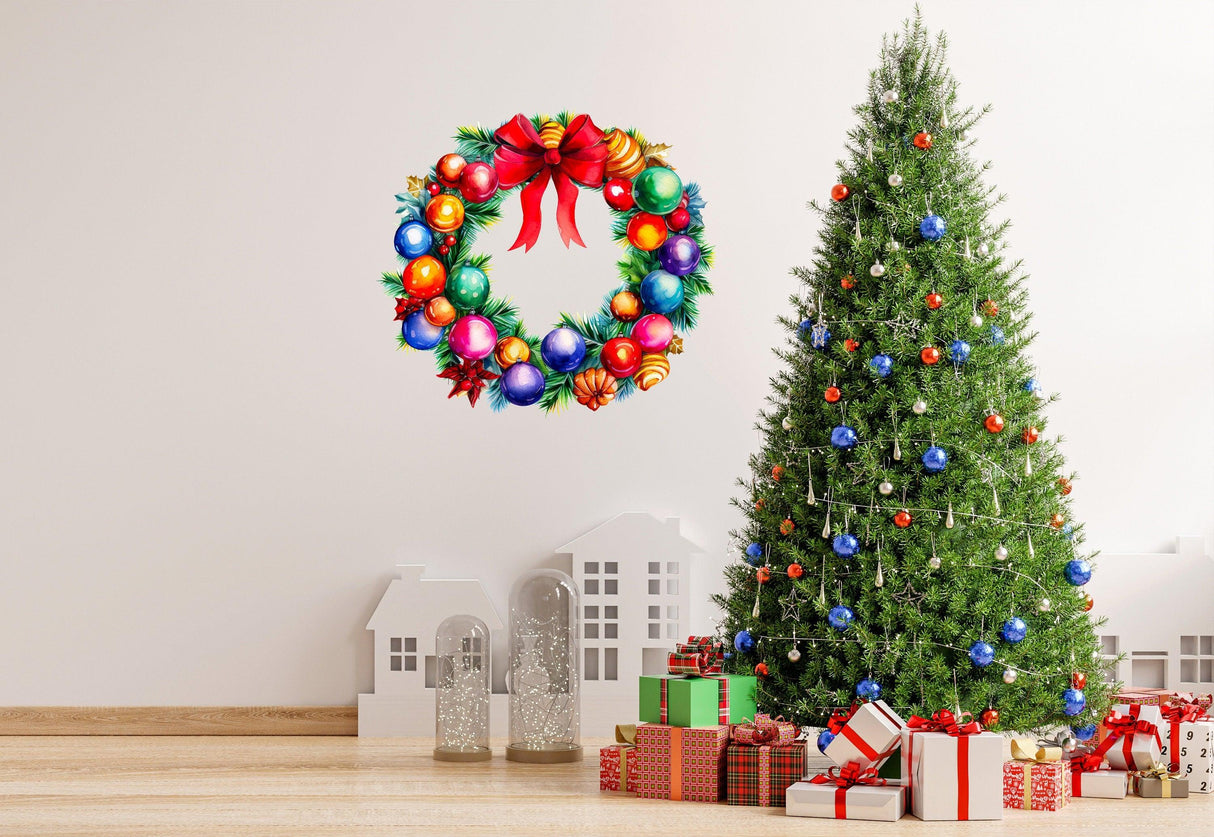 Enchanting watercolor Christmas wreath wall decal with colorful ornaments above gifts and a decorated tree.