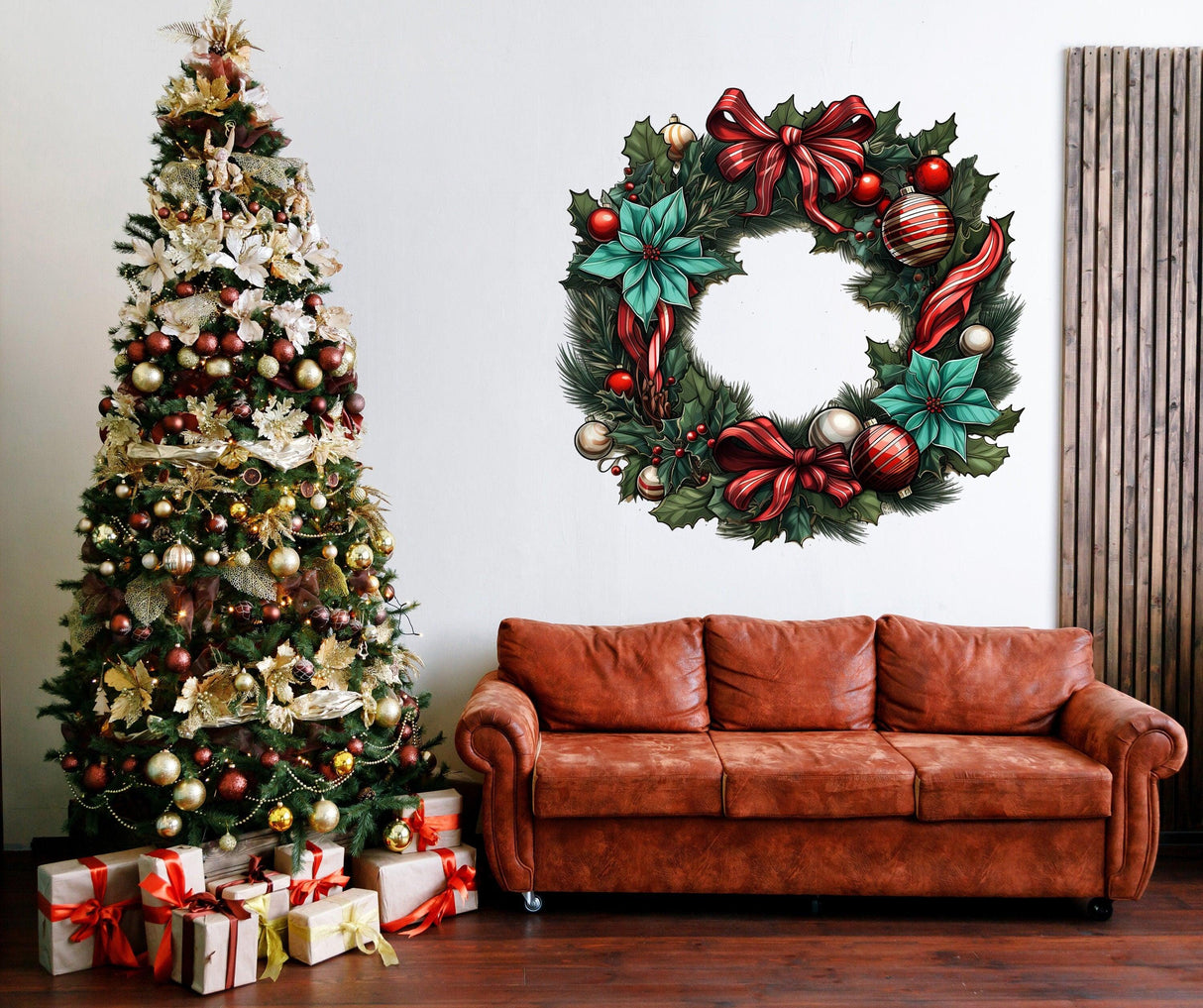 Lifelike Christmas wreath wall decal showcasing holiday elegance above a cozy brown couch and festive tree.