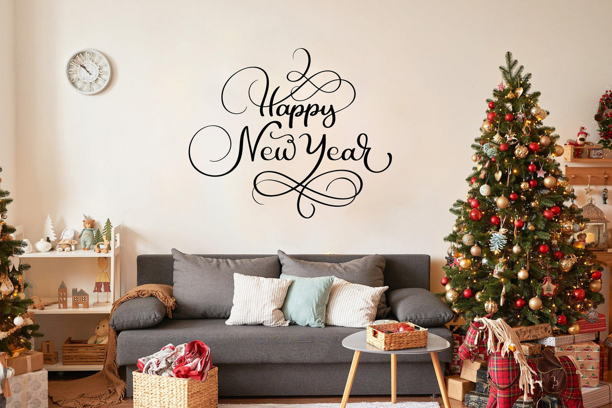 Elegant 'Happy New Year' wall vinyl sticker in a cozy living room with Christmas trees and festive decor.