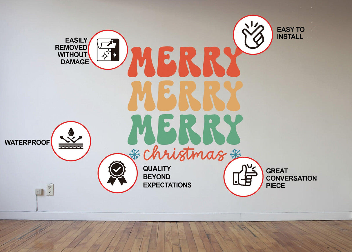 Festive vinyl sticker on wall with "Merry Merry Merry Christmas" in colorful text, showcasing easy installation and waterproof features.