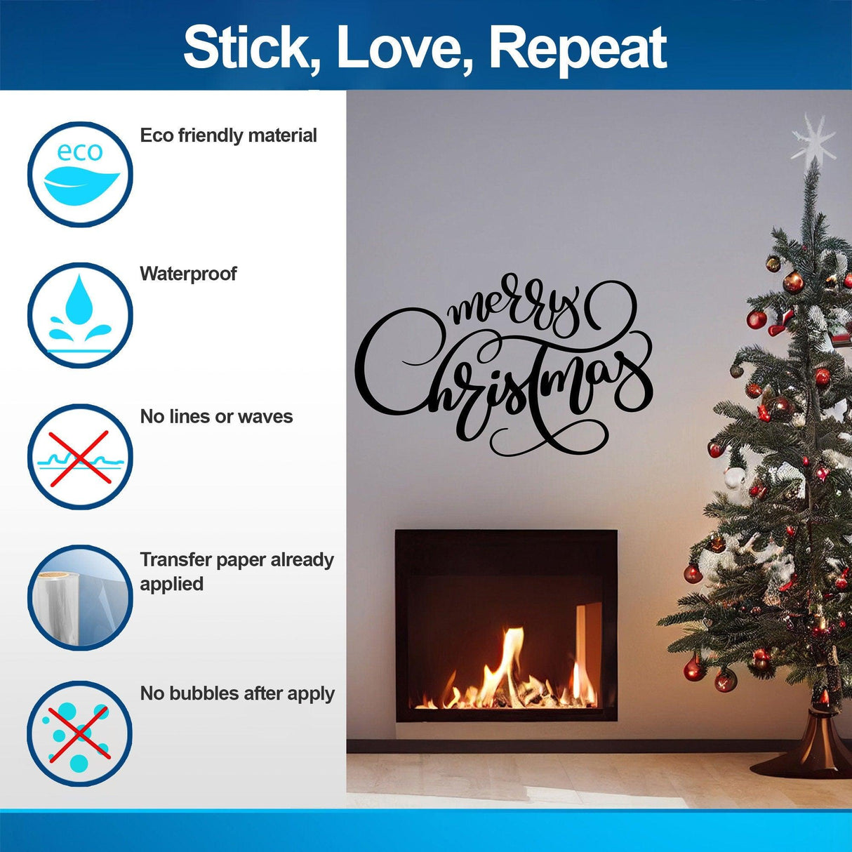 Elegant vinyl sticker saying 'Merry Christmas' on wall next to a decorated Christmas tree and fireplace, showcasing festive decor.