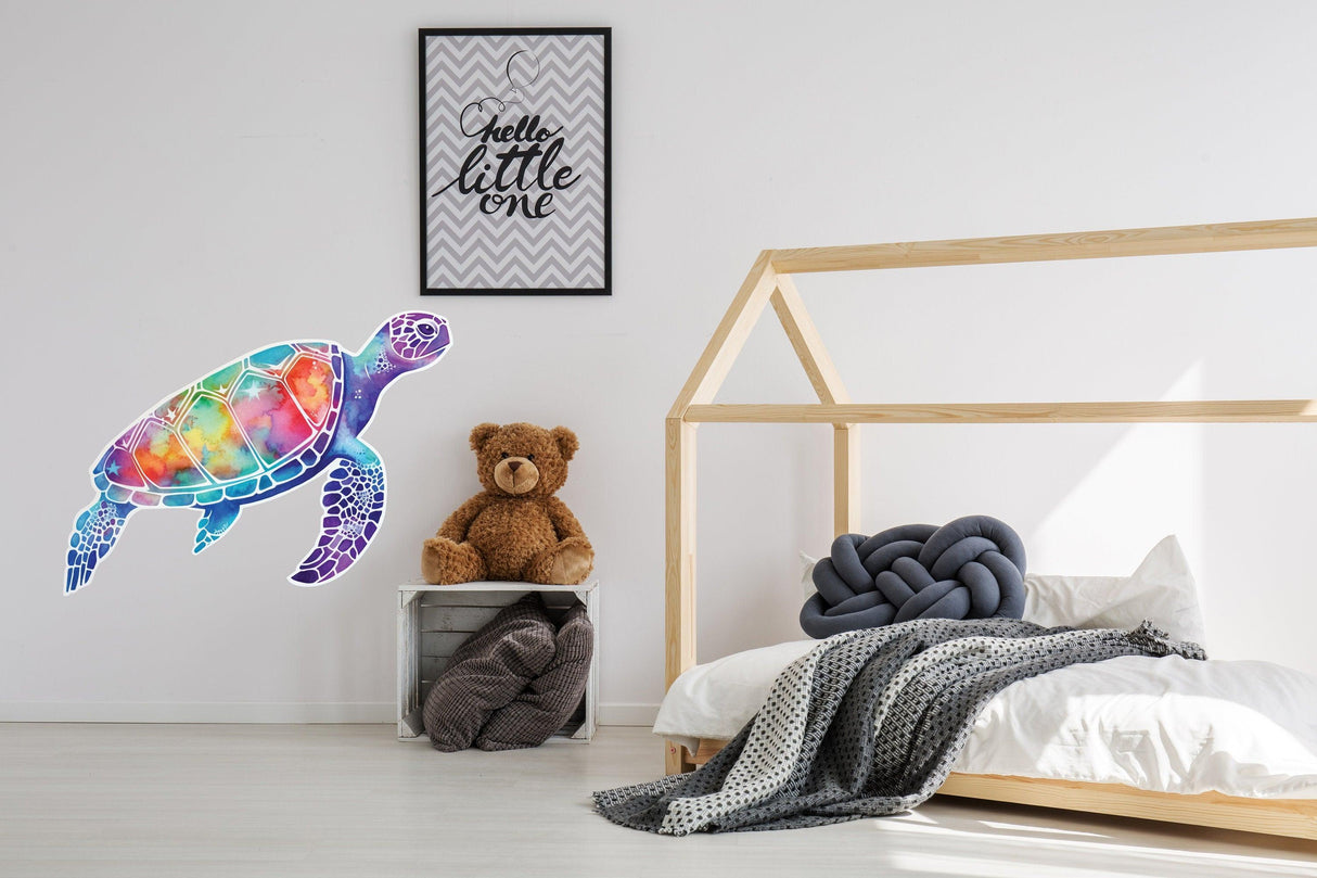 Radiant sea turtle wall decal in a stylish bedroom with cozy decor and a teddy bear.