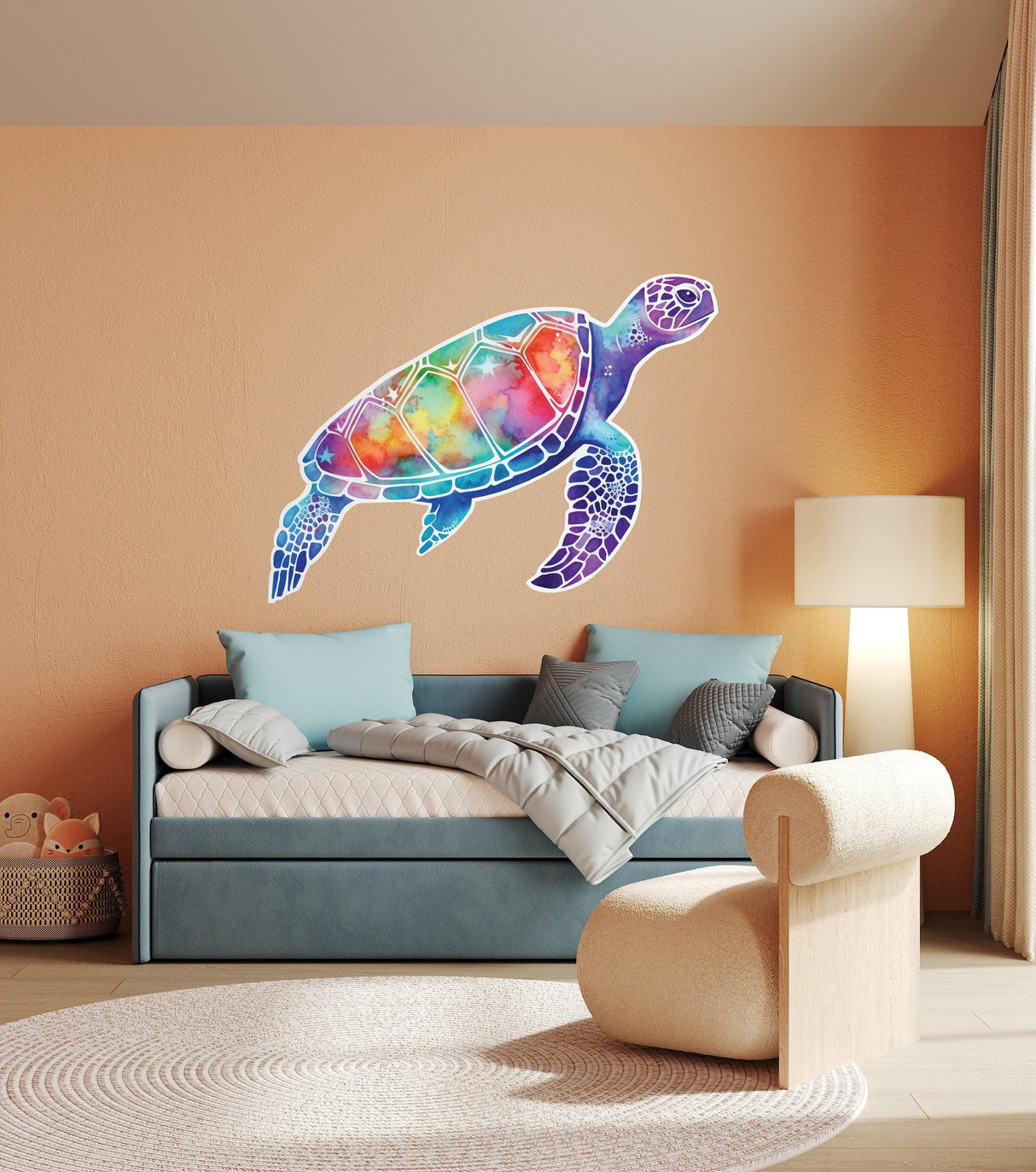 Colorful Radiant Sea Turtle Wall Decal on a living room wall, adding a vibrant and calming ocean-inspired touch.
