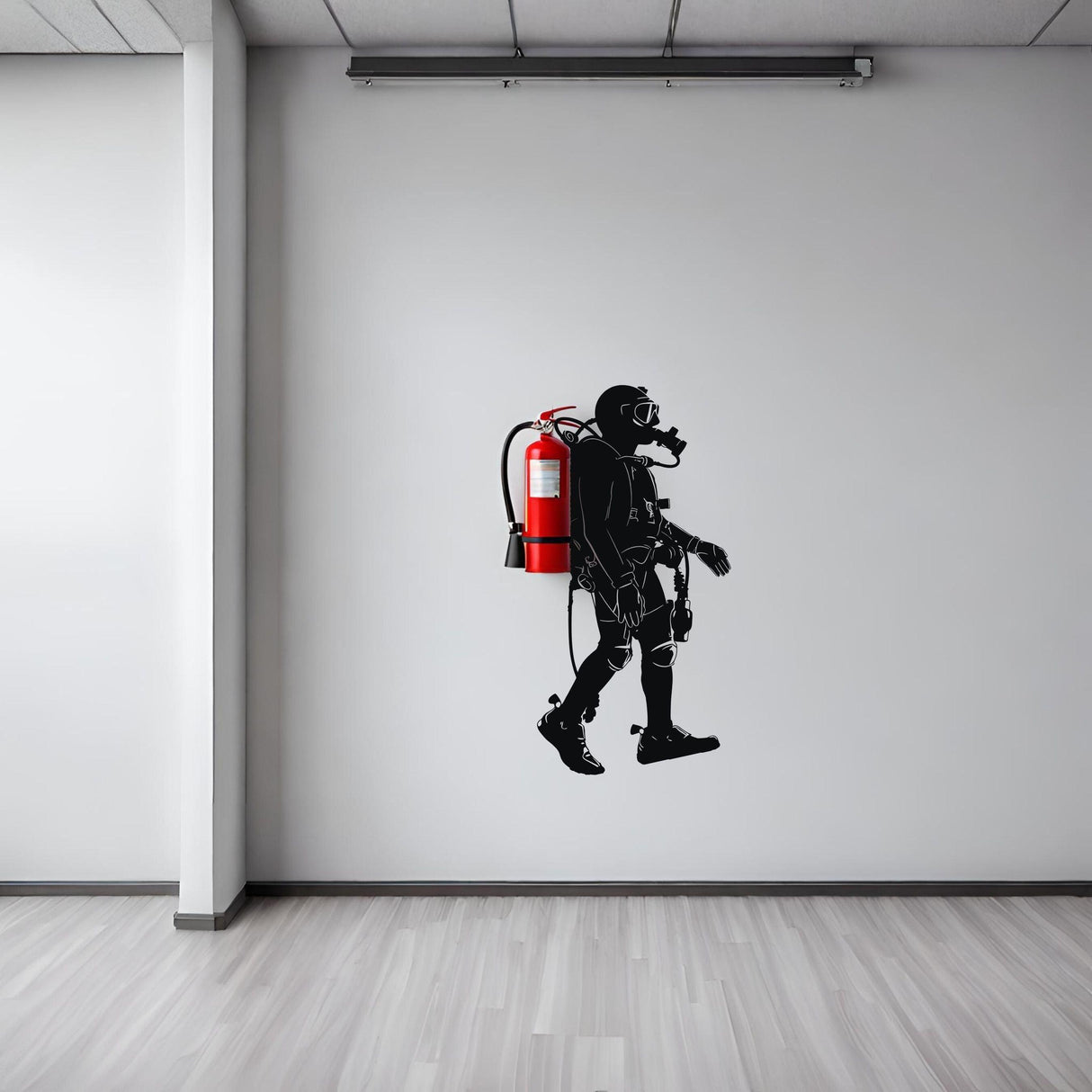 Scuba diver wall sticker silhouette with fire extinguisher on a modern wall, perfect for adding artistic flair to any room.