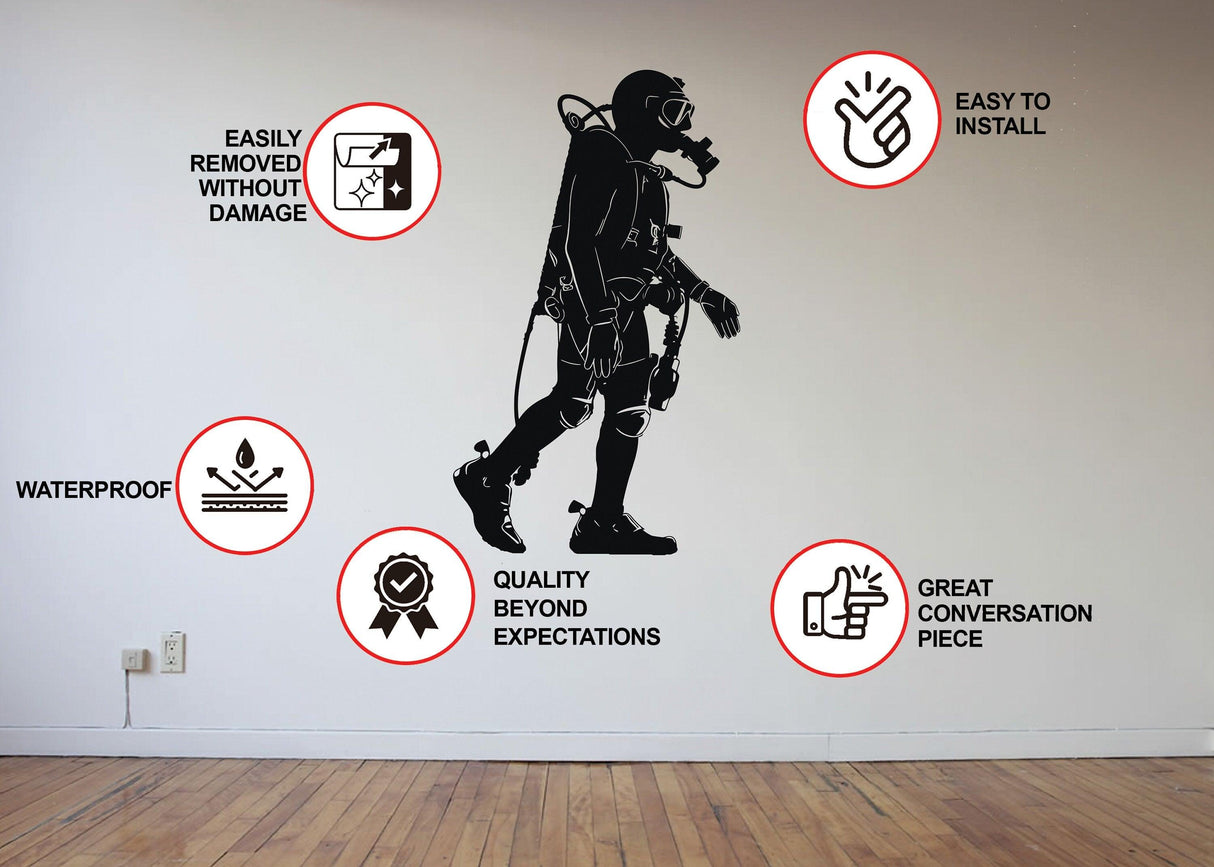 Scuba diver wall sticker on a wall, highlighting waterproof and easy installation features.