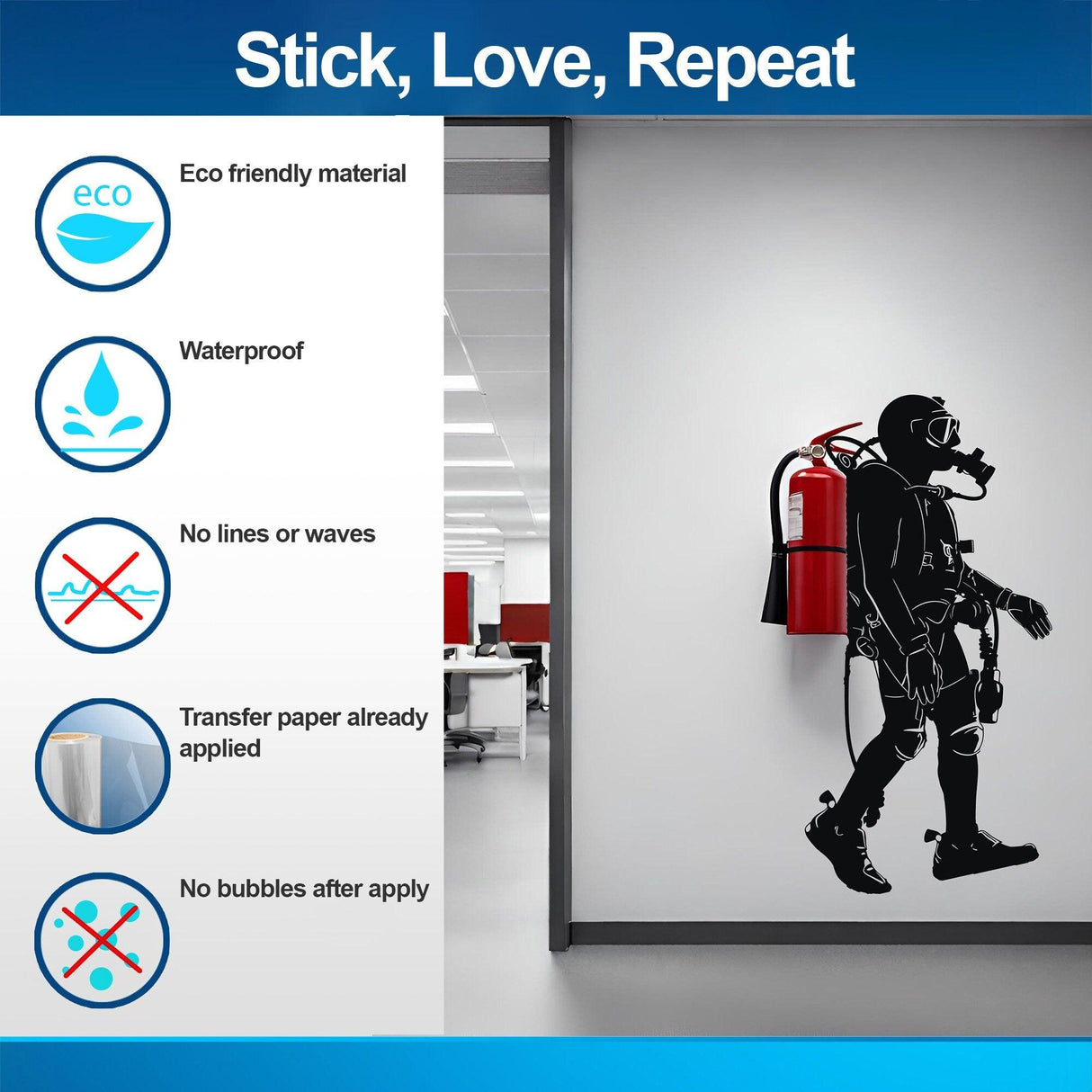 Scuba diver wall sticker with fire extinguisher, eco-friendly design, waterproof, easy application, modern decor.