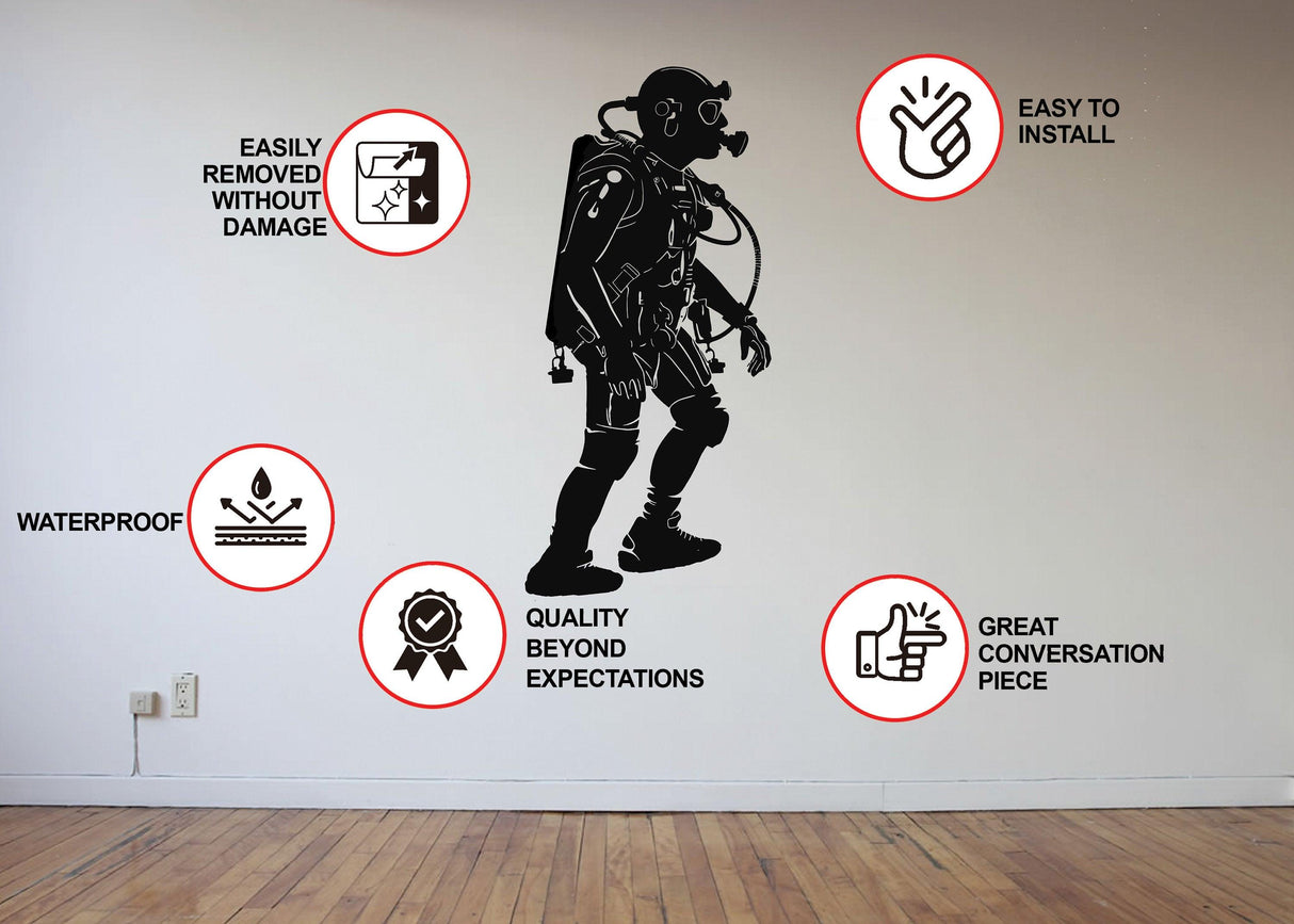 Creative scuba diver silhouette wall sticker on a textured wall, showcasing key features like waterproof and easy to install.