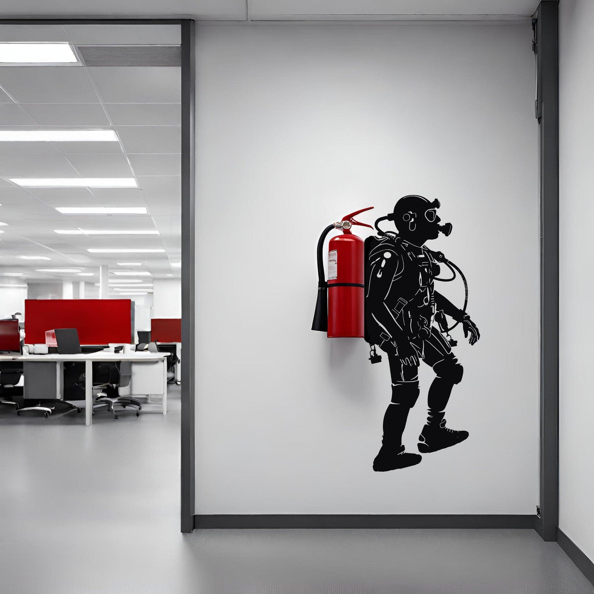 Creative scuba diver silhouette wall sticker next to a fire extinguisher in a modern office.