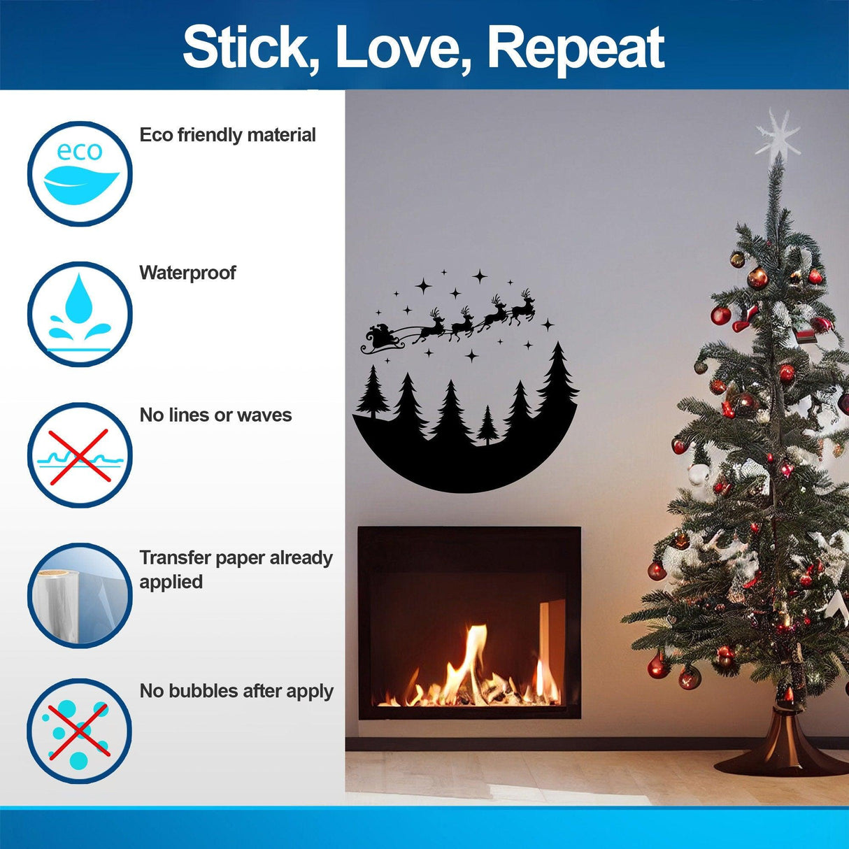 Circular Santa sleigh and deer wall decal with Christmas tree and fireplace decor.