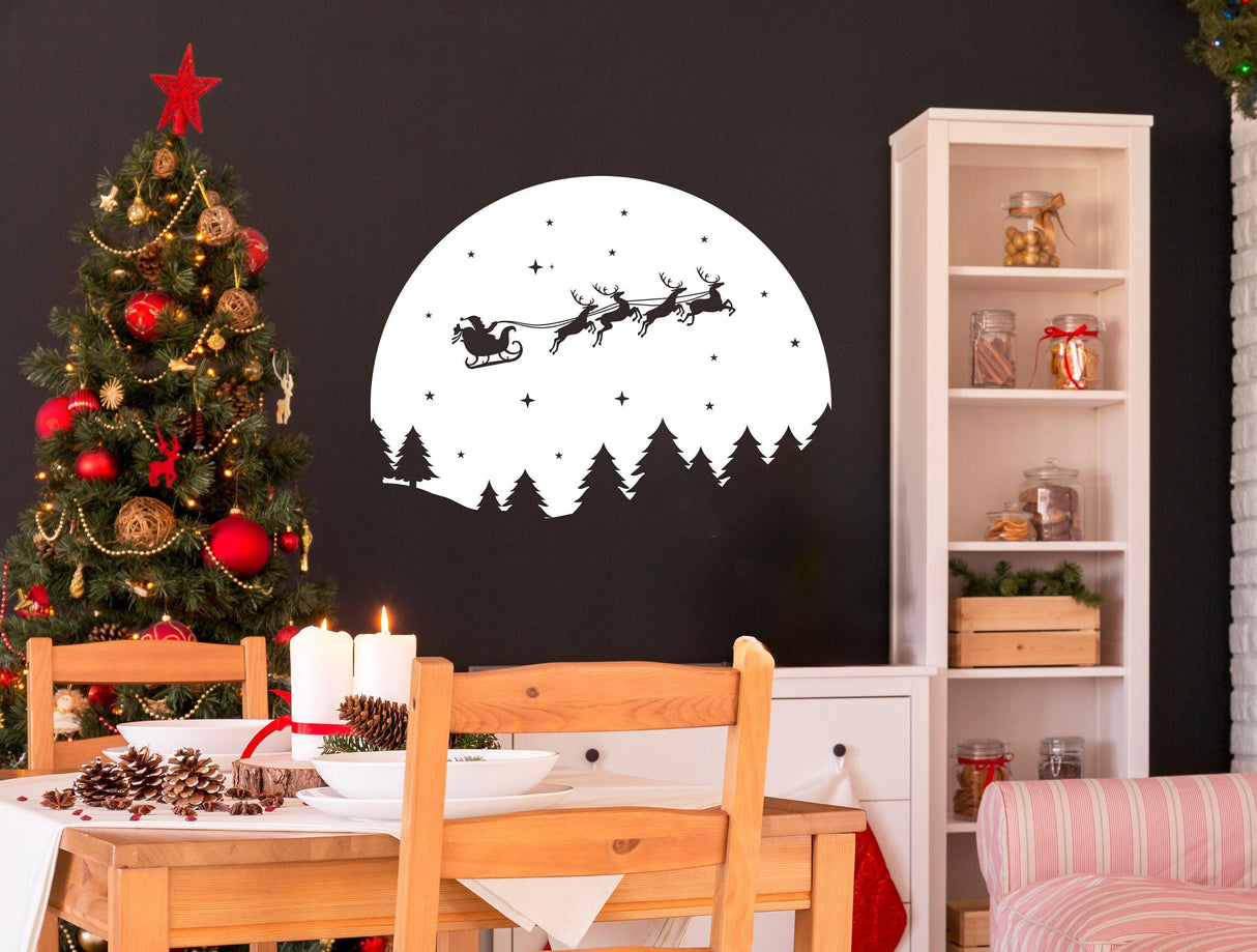Starry Sky Santa and sleigh wall decal with reindeer on a festive wall, enhancing Christmas decor.