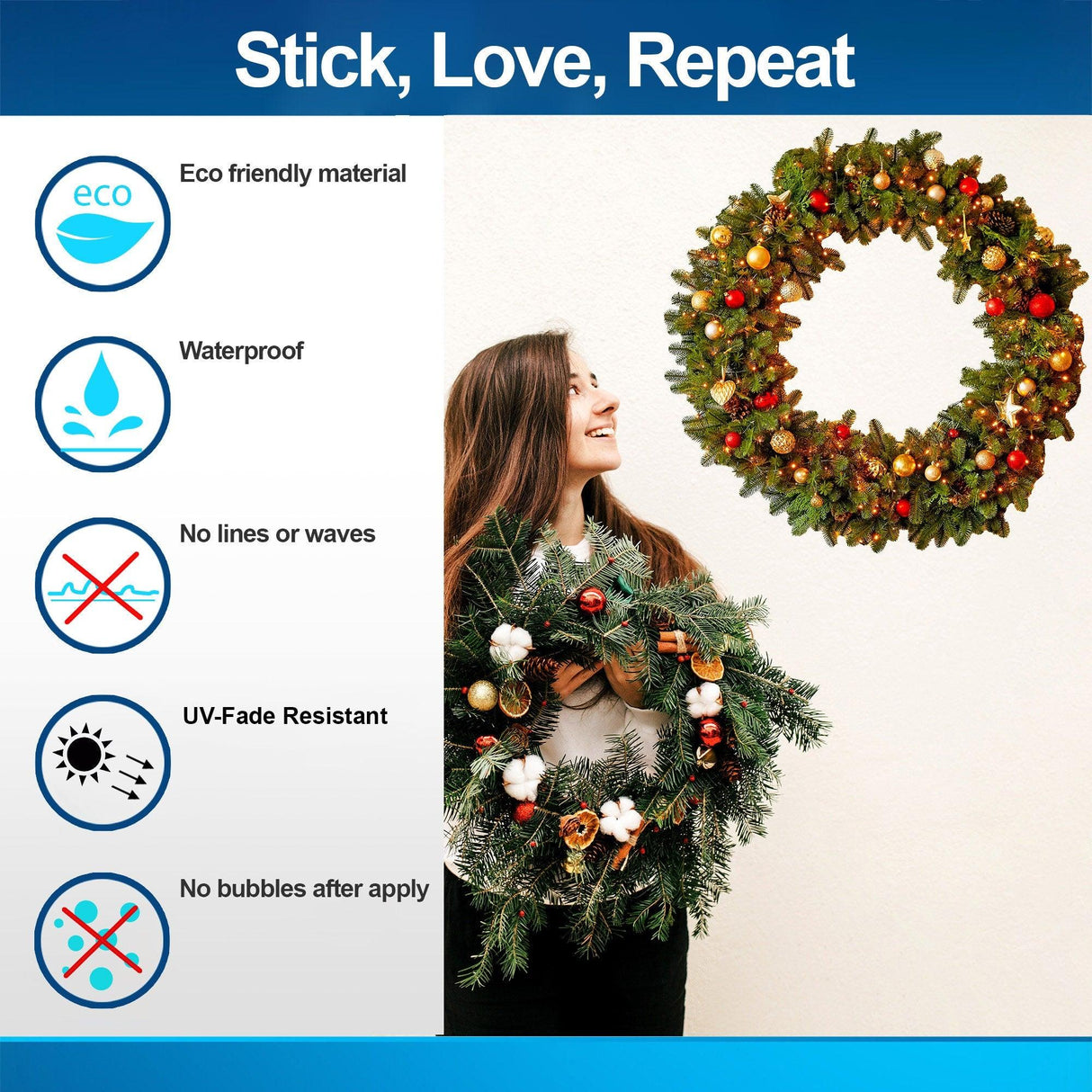 Woman displaying eco-friendly Christmas wreath wall decals, showcasing features like waterproof and UV-fade resistance.