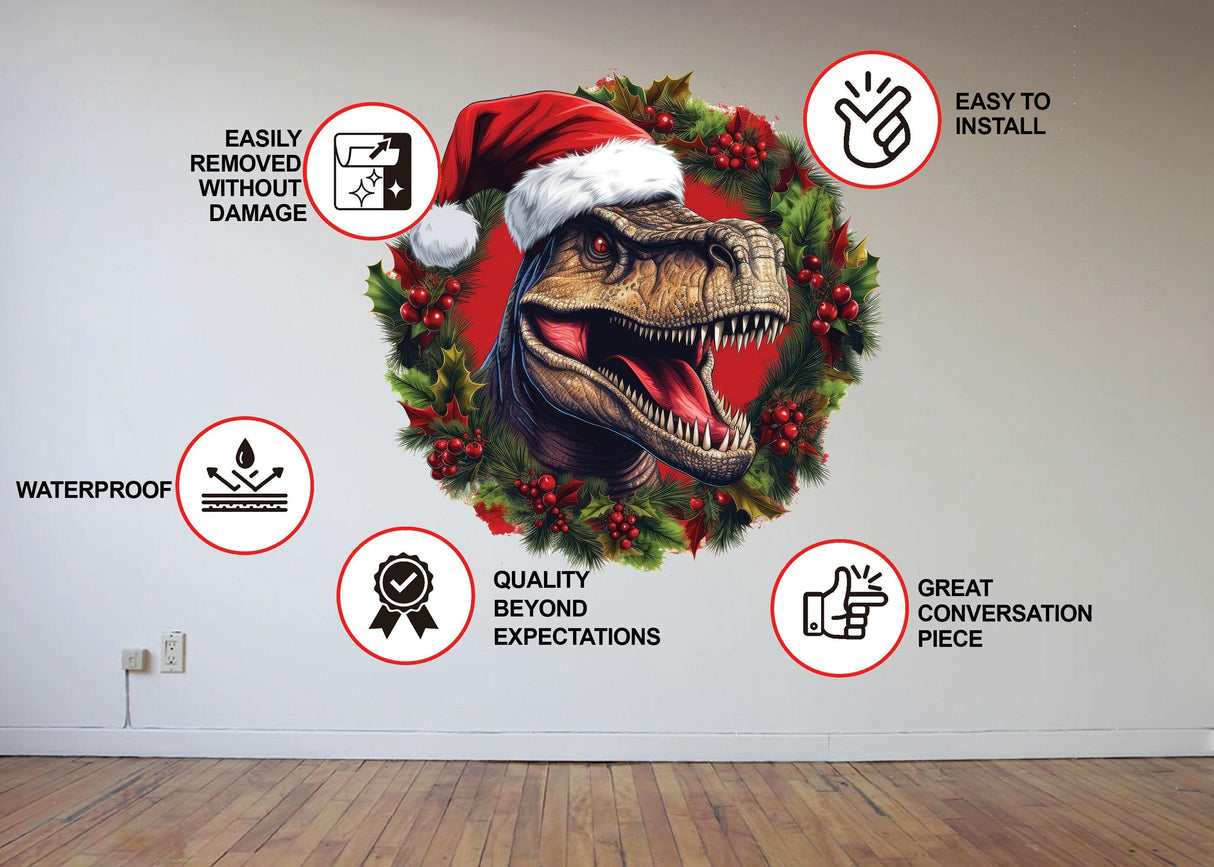 Dino Merry Christmas Wreath Wall Decal featuring a T-Rex in a red hat, highlighting easy installation and waterproof features.