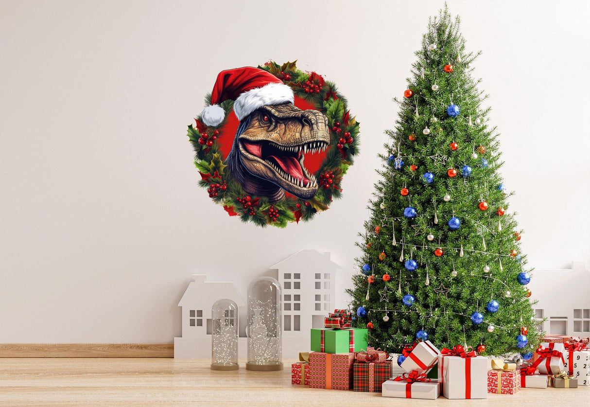 Dino Merry Christmas Wreath Wall Decal featuring a T-Rex in a red hat beside a decorated Christmas tree.