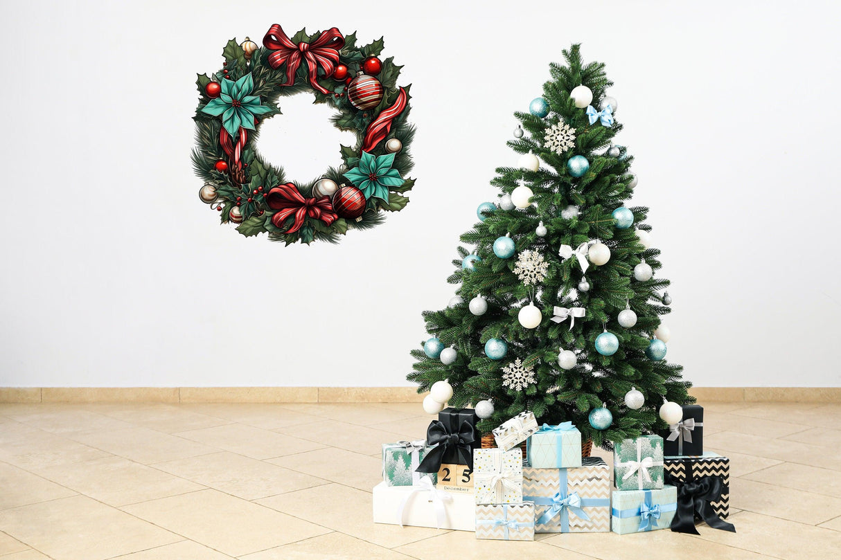 Lifelike Christmas wreath wall decal above a decorated holiday tree with presents underneath.