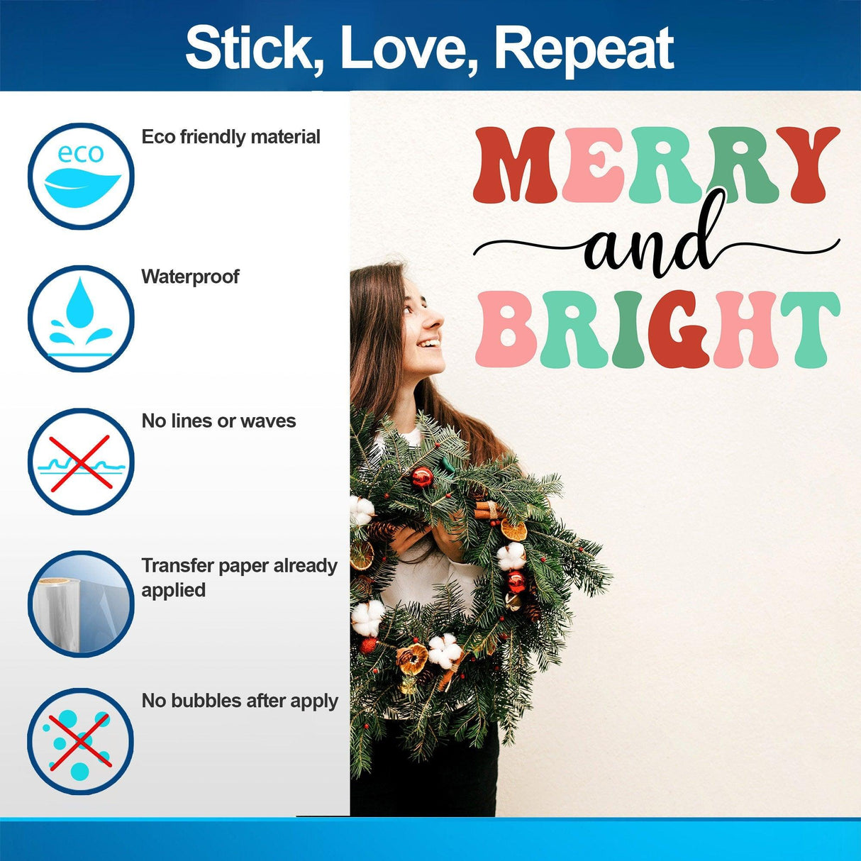 Merry and Bright Christmas wall decal on a cheerful woman holding a festive wreath in a cozy setting.