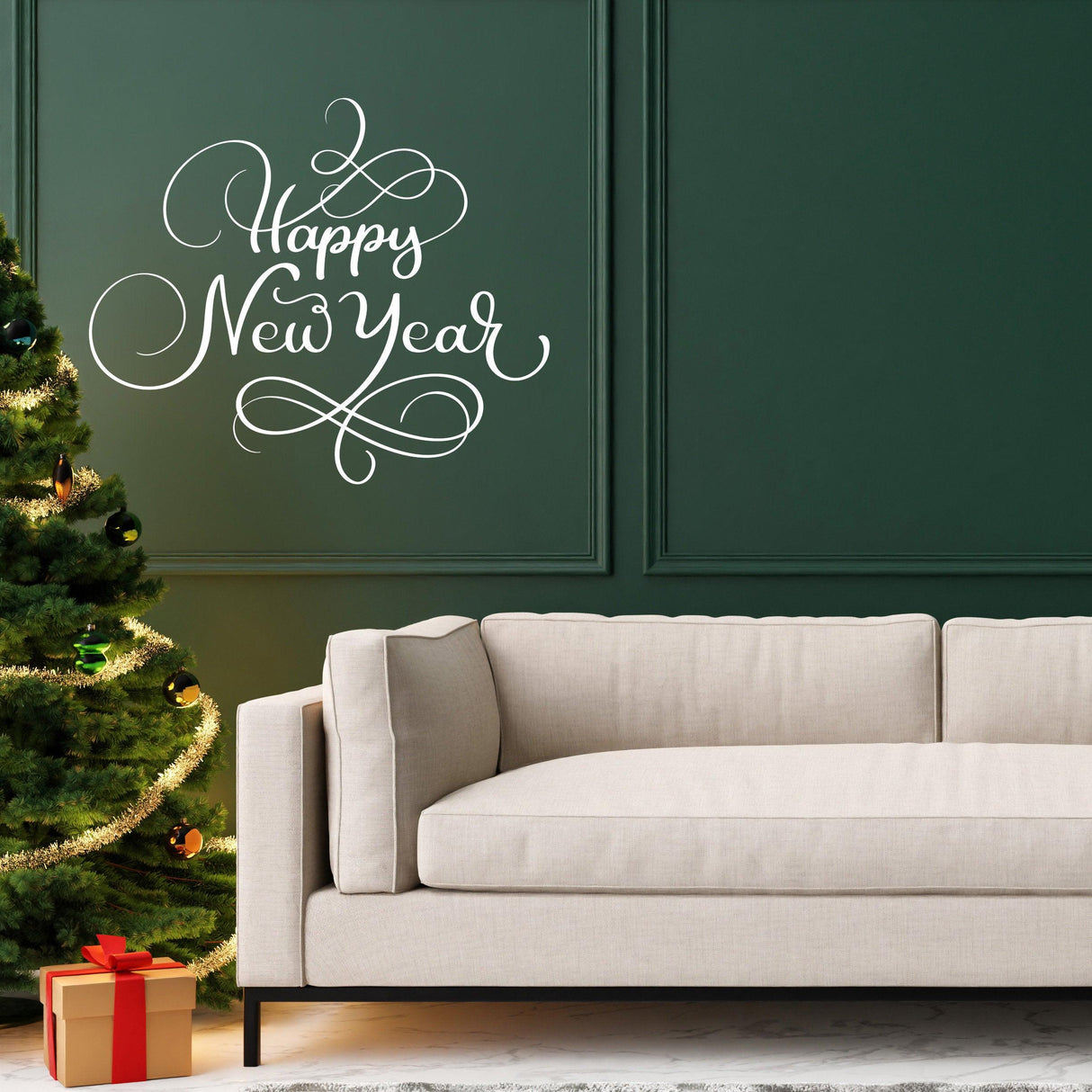 Elegant "Happy New Year" wall vinyl sticker above a cozy sofa and Christmas tree in a festive living room.