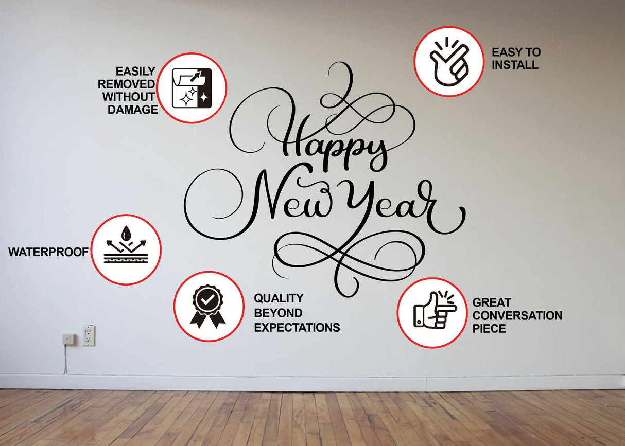 Uplifting "Happy New Year" vinyl wall sticker with features like waterproof, easy to install, and removable without damage.