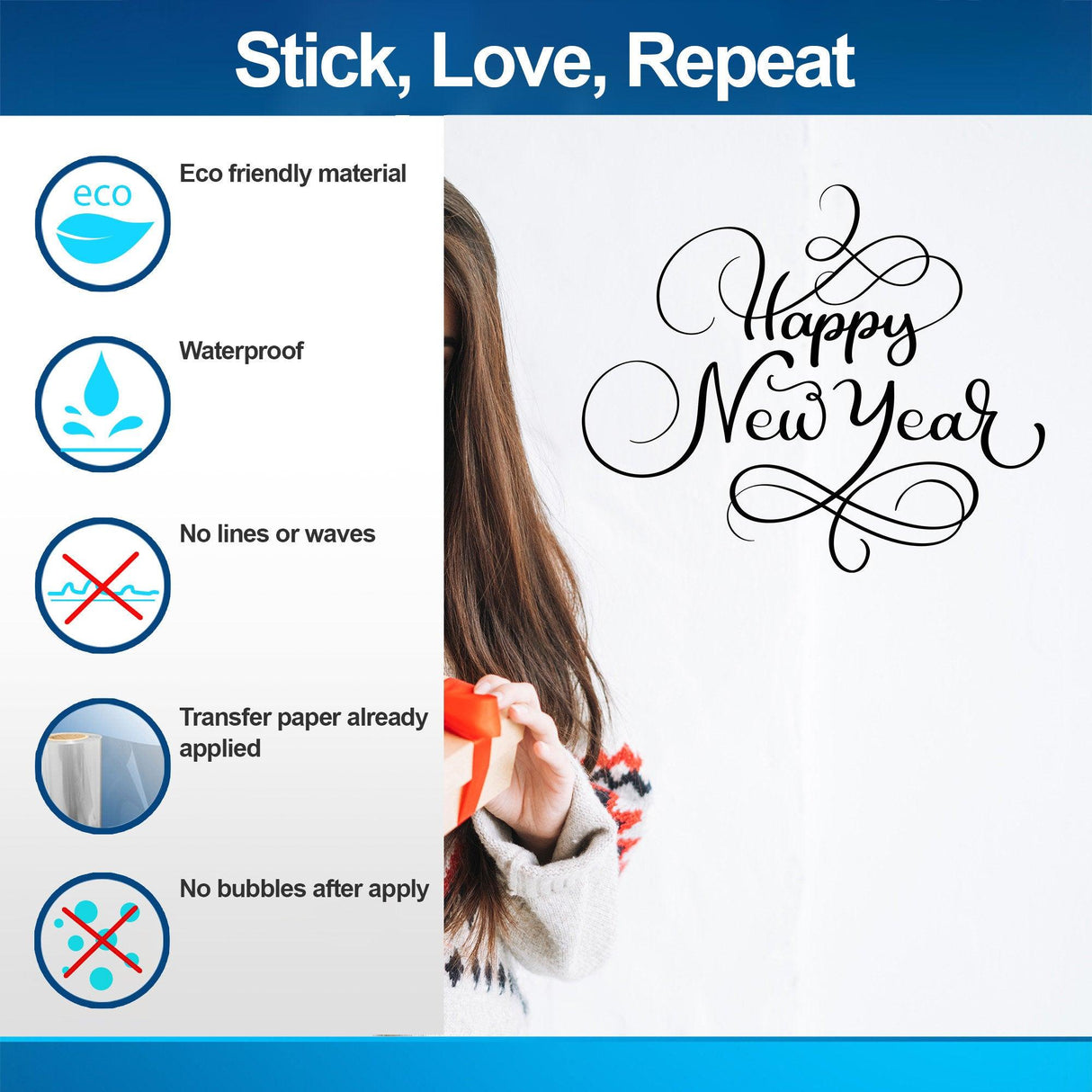 Eco-friendly vinyl sticker with "Happy New Year" text, featuring waterproof and easy application benefits.