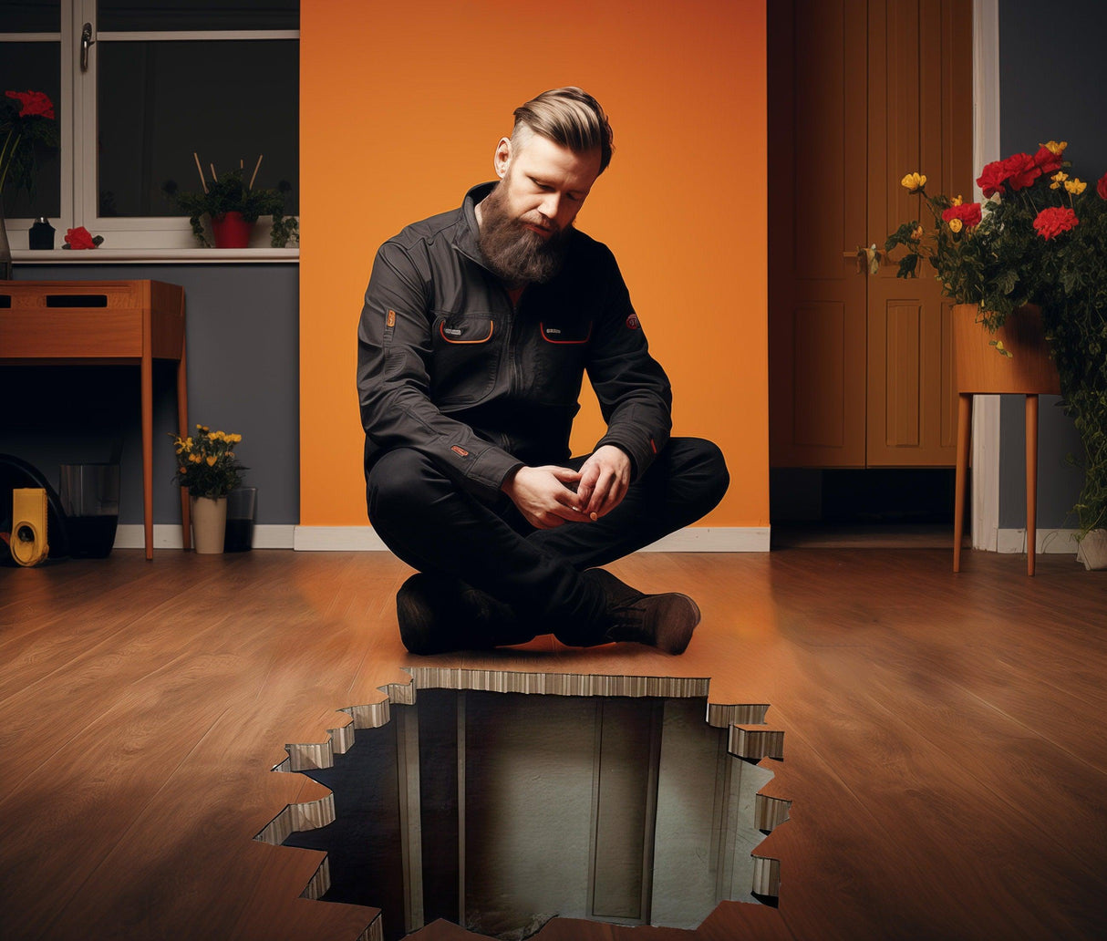Man sitting near a 3D illusion floor sticker with a porthole design, viewing a hidden basement below.