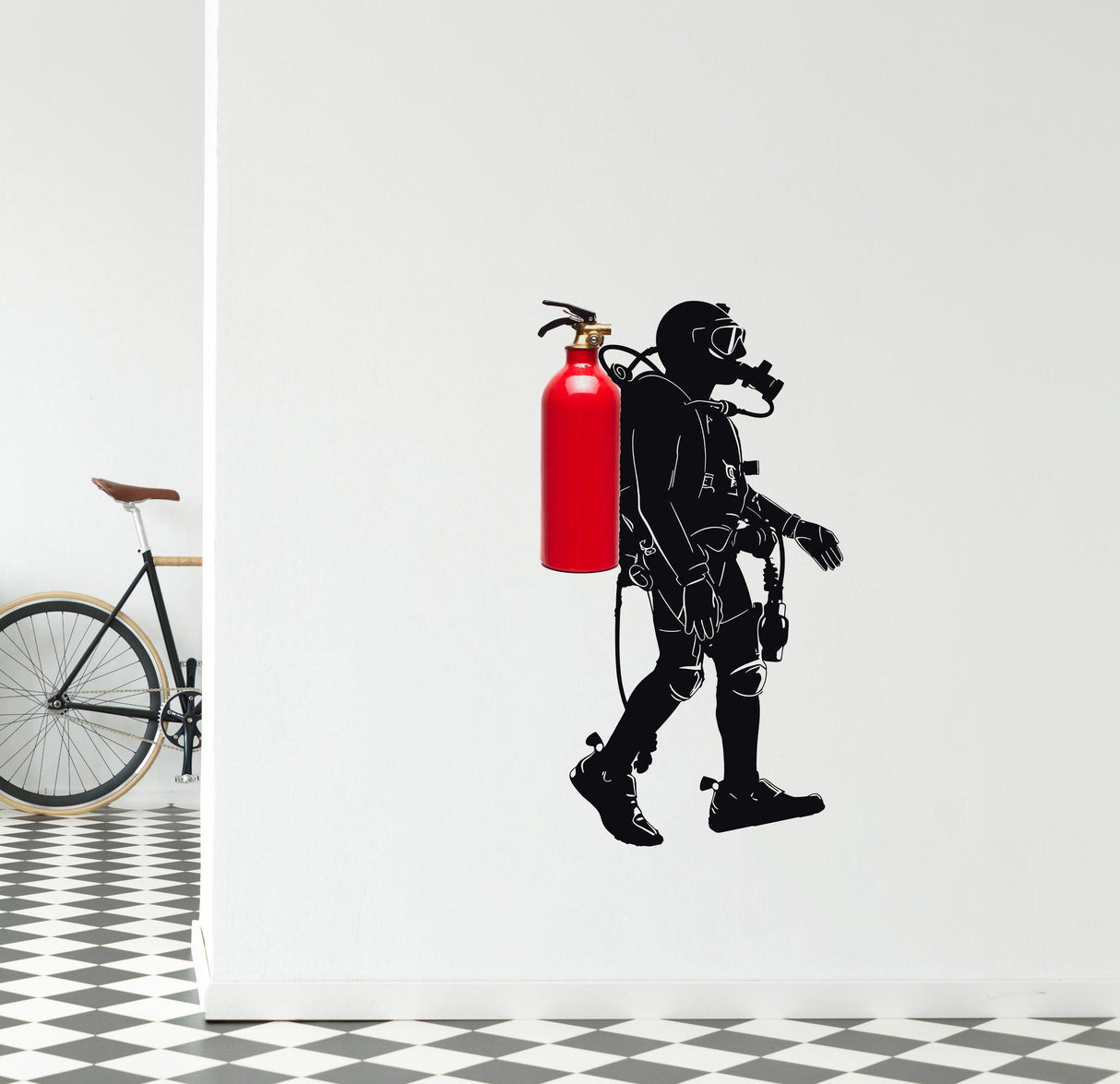 Scuba diver wall sticker silhouette with fire extinguisher, adding unique decor to modern room.