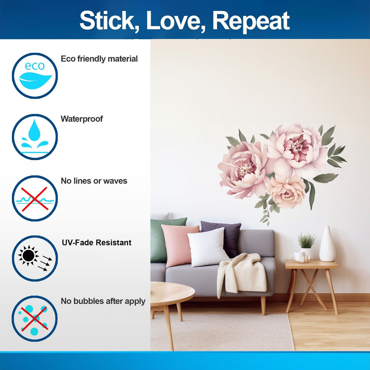 Eco-friendly peony flowers wall decal showing features like waterproof, UV-fade resistant, and bubble-free application.