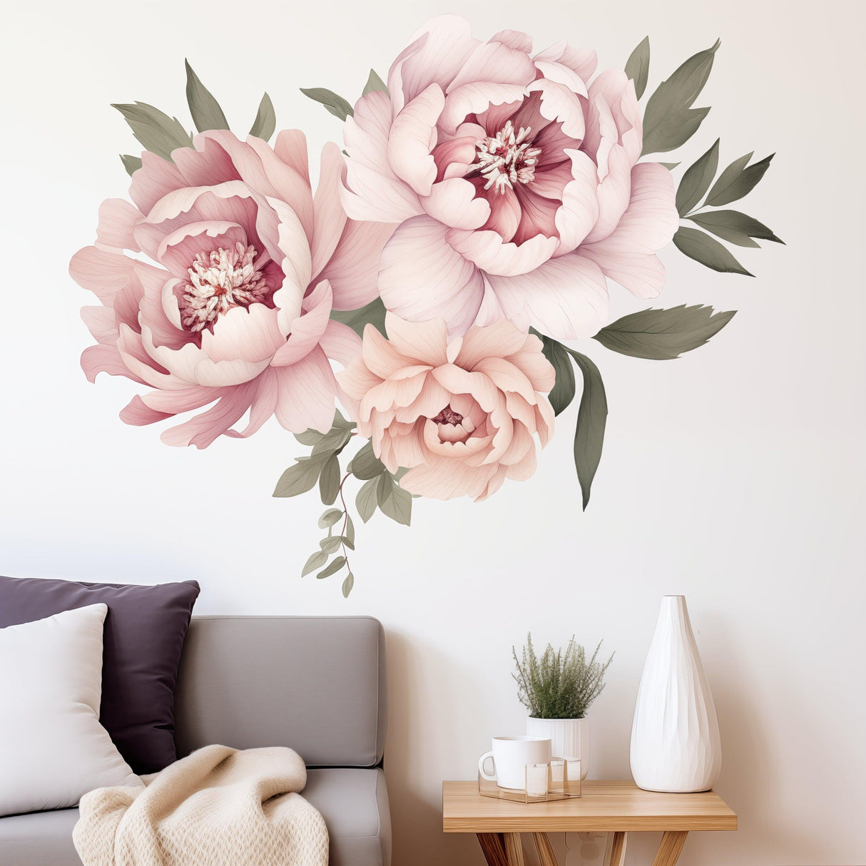Elegant watercolor peony flowers wall decal enhancing a stylish living room decor with soft colors.