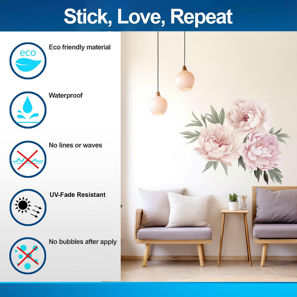 Lush Watercolor Peony Wall Decals displayed in a modern living room, showcasing eco-friendly and waterproof features.